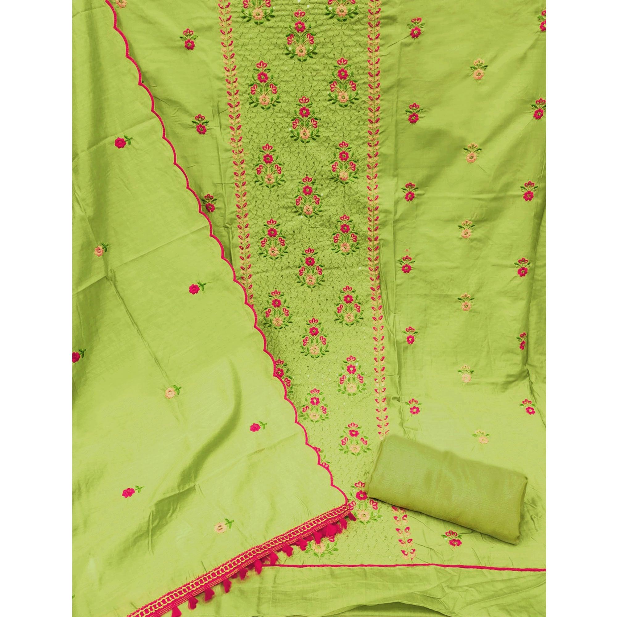 Green Floral Embroidered Chanderi Dress Material - Peachmode