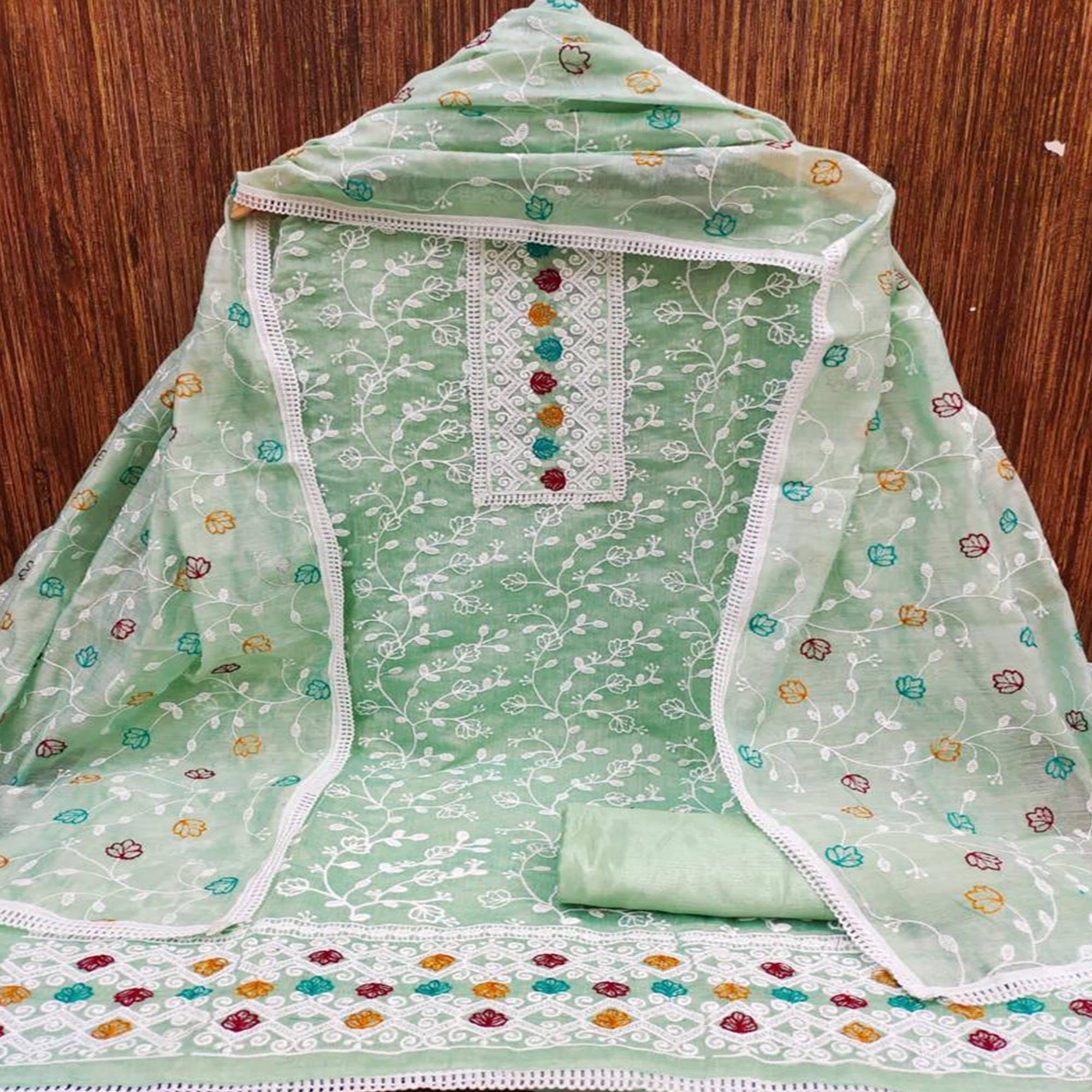 Green Floral Embroidered Chanderi Dress Material - Peachmode