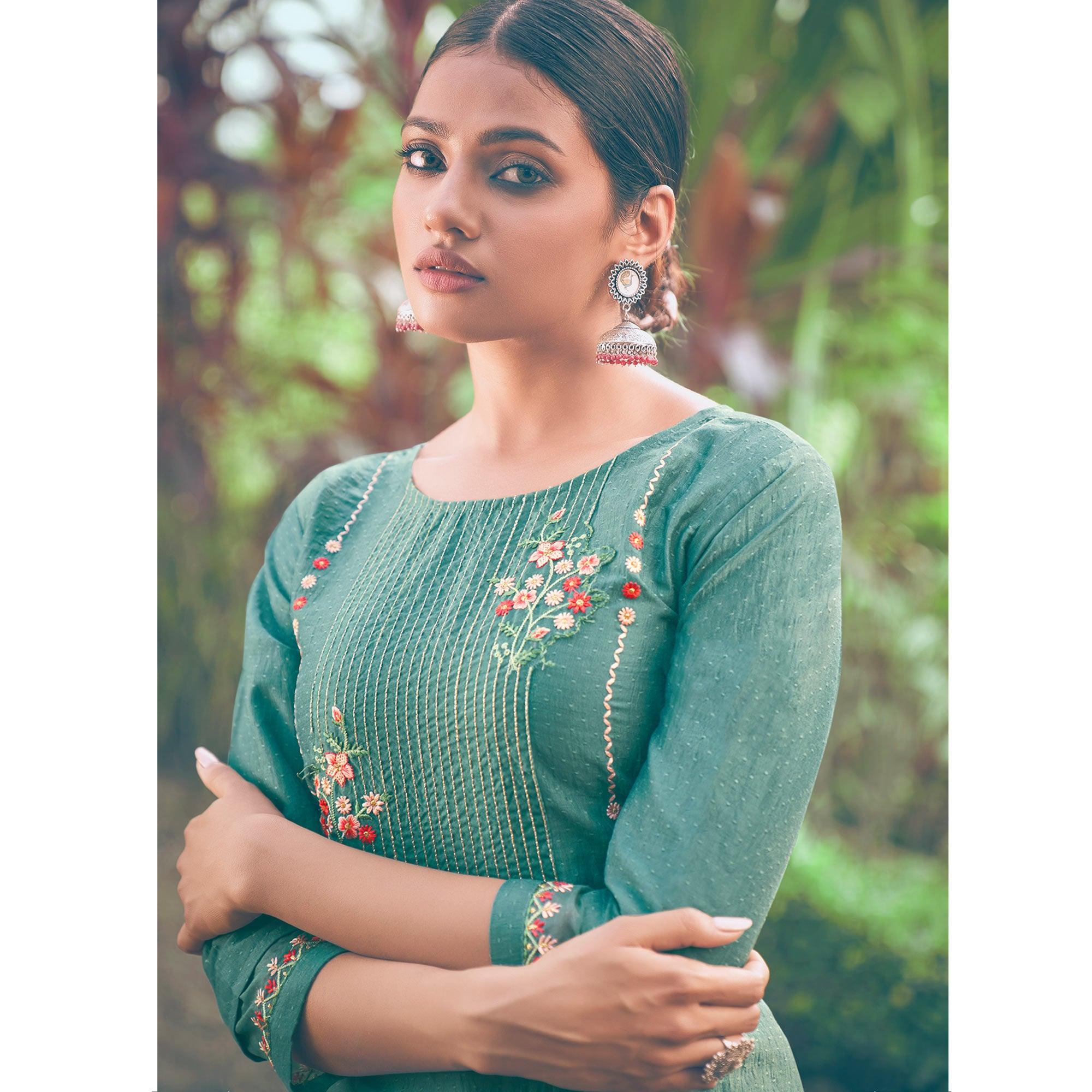 Green Floral Embroidered Chiffon Kurti Pant Set with Dupatta - Peachmode