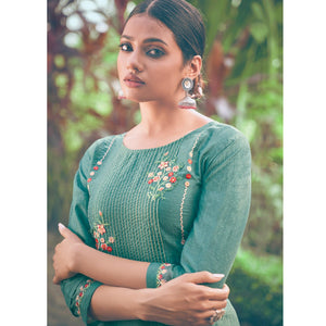 Green Floral Embroidered Chiffon Kurti Pant Set with Dupatta - Peachmode