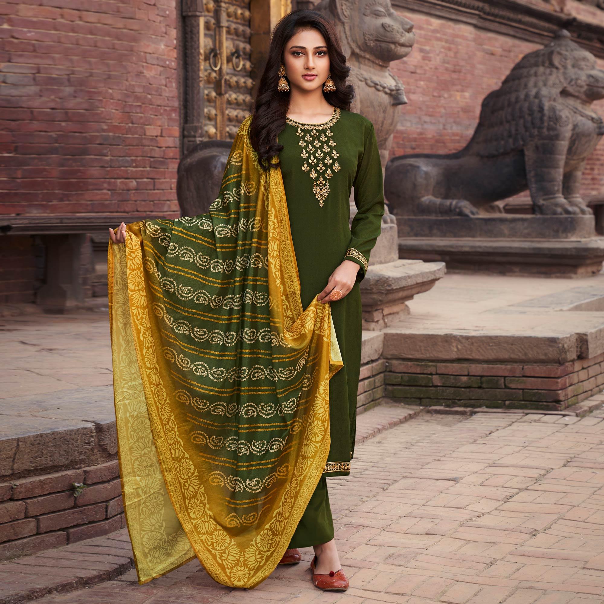 Green Floral Embroidered chiffon Salwar Suit - Peachmode