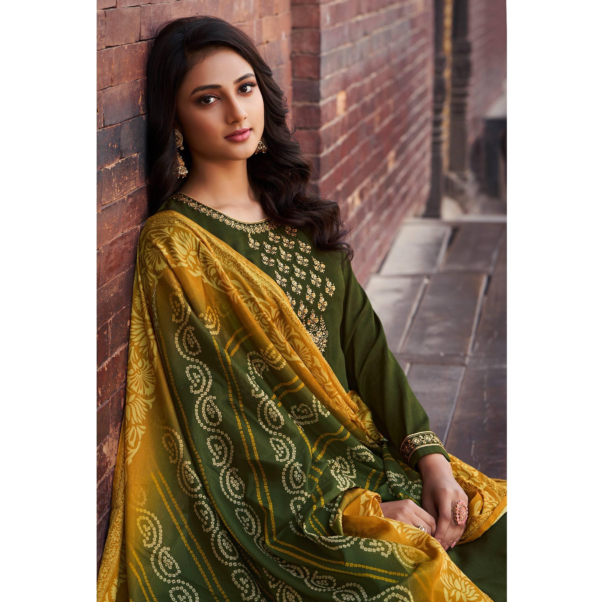 Green Floral Embroidered chiffon Salwar Suit - Peachmode