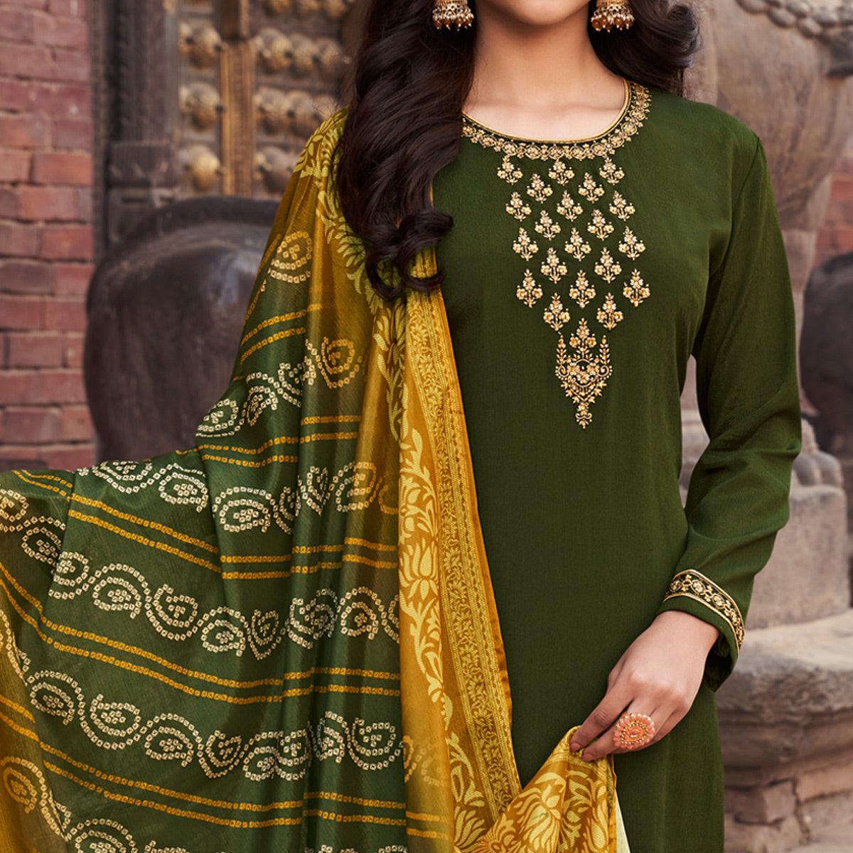Green Floral Embroidered chiffon Salwar Suit - Peachmode