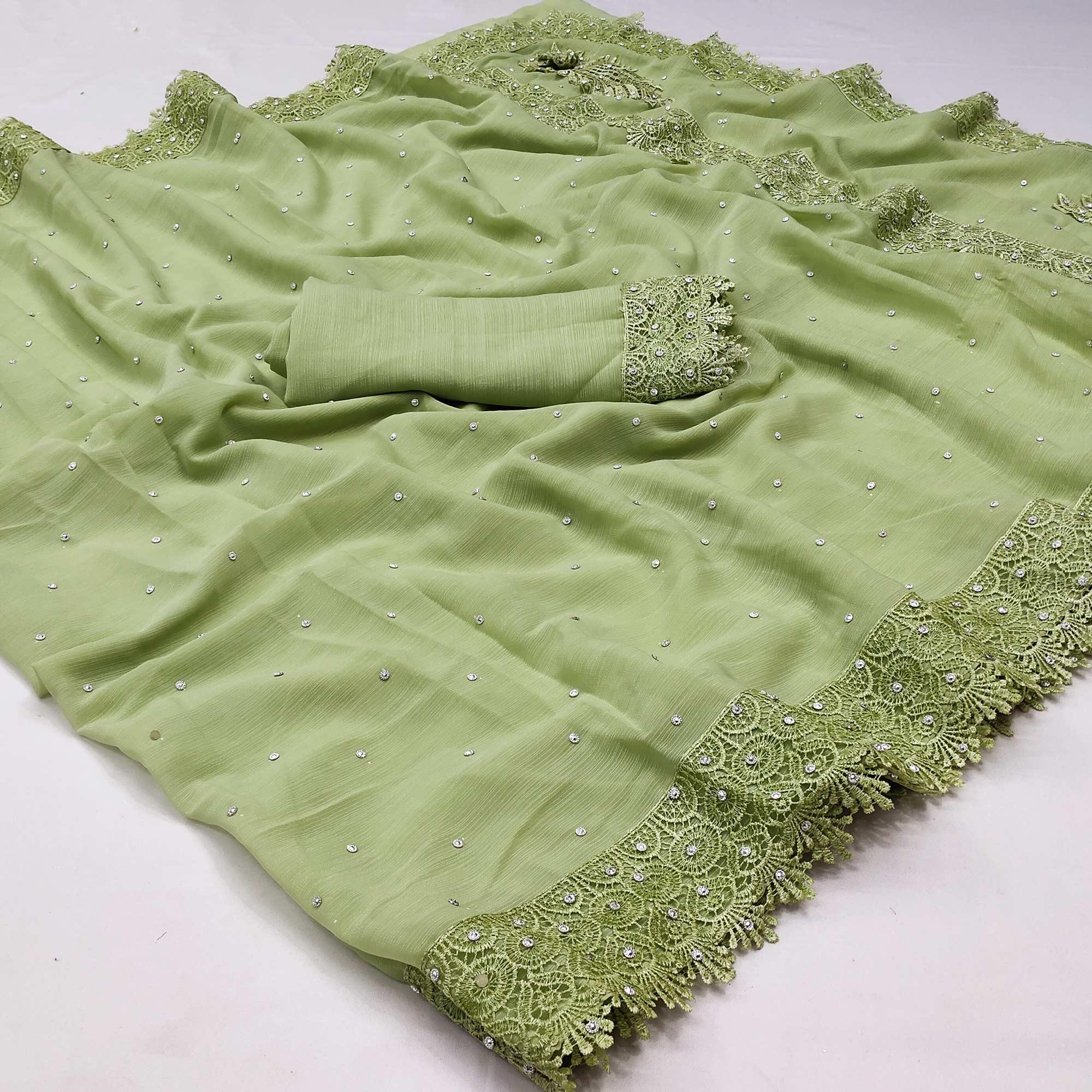 Green Floral Embroidered Chiffon Saree - Peachmode