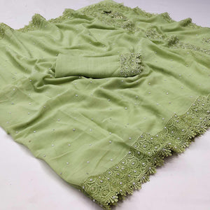 Green Floral Embroidered Chiffon Saree - Peachmode