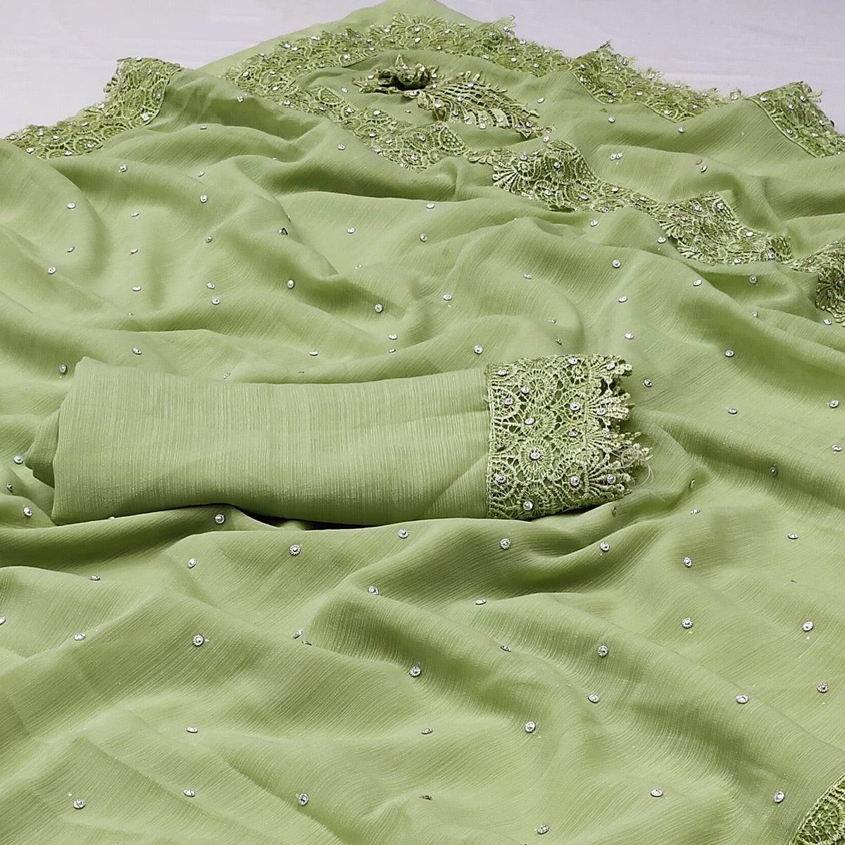 Green Floral Embroidered Chiffon Saree - Peachmode