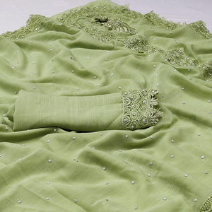 Green Floral Embroidered Chiffon Saree - Peachmode