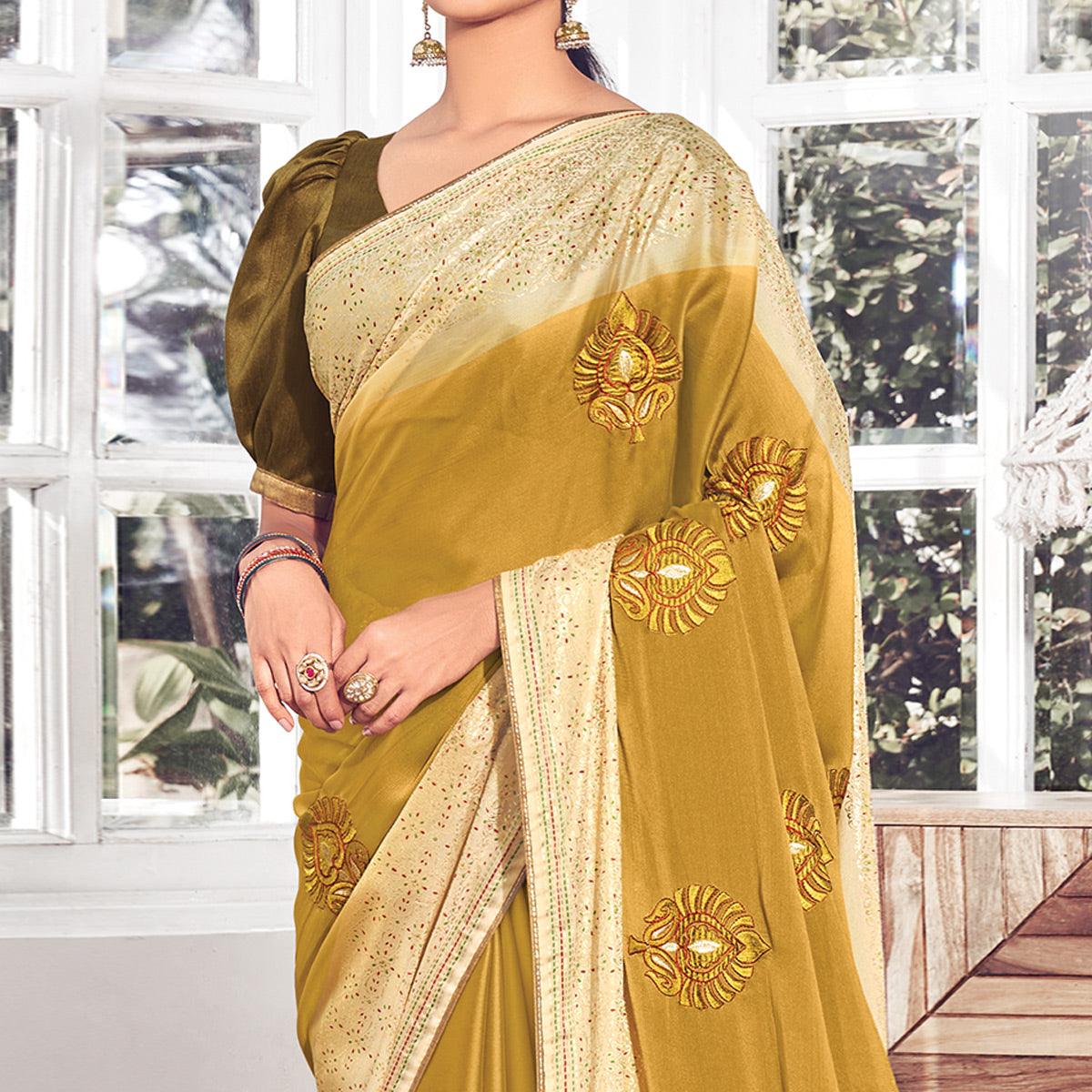 Green Floral Embroidered Chiffon Saree - Peachmode