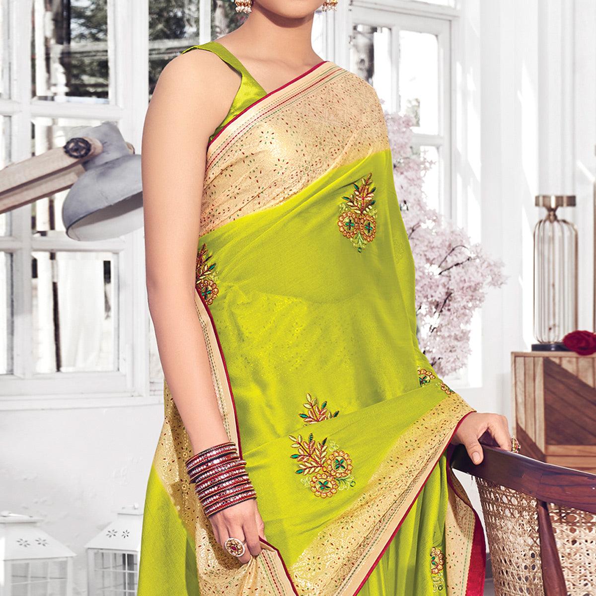 Green Floral Embroidered Chiffon Saree - Peachmode