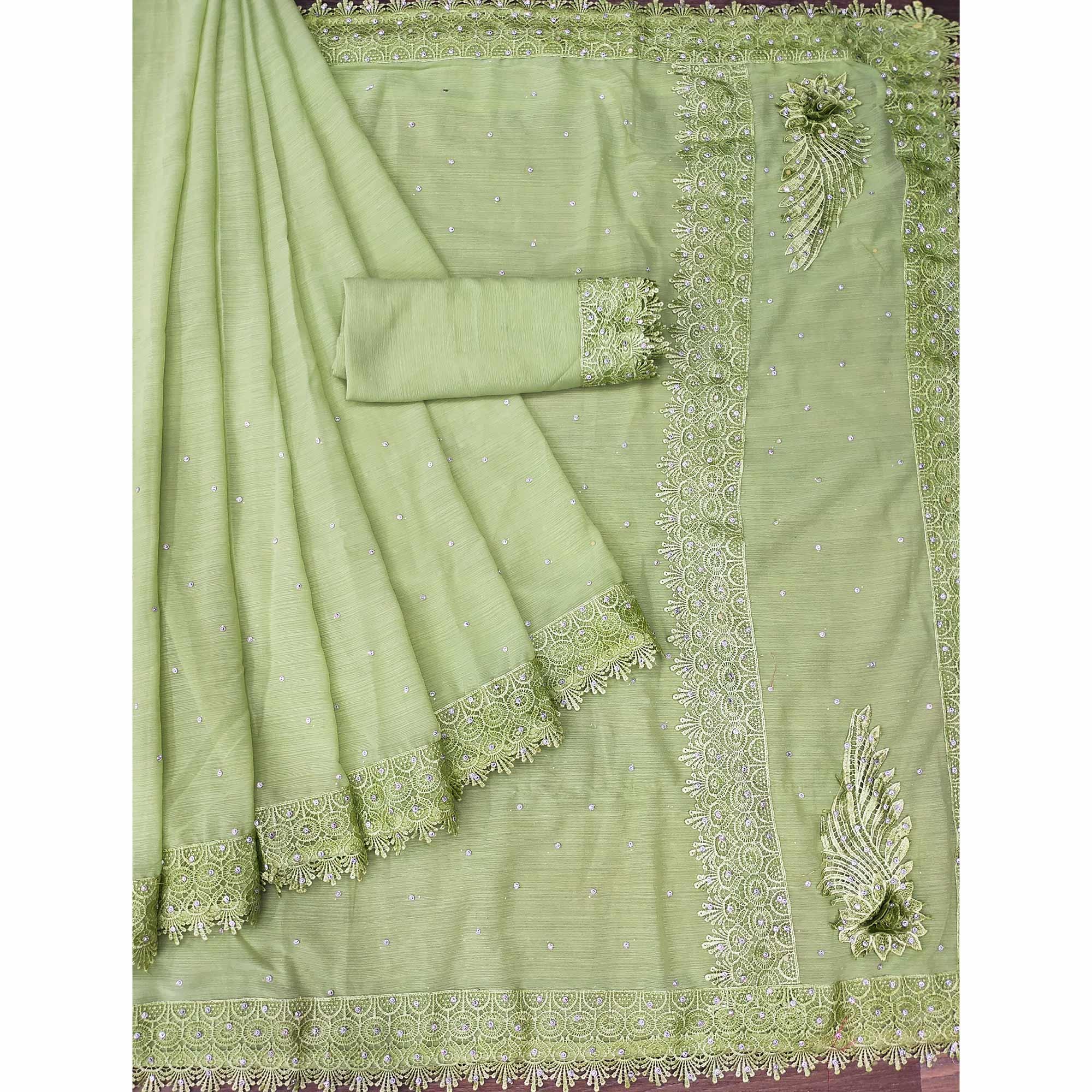 Green Floral Embroidered Chiffon Saree - Peachmode