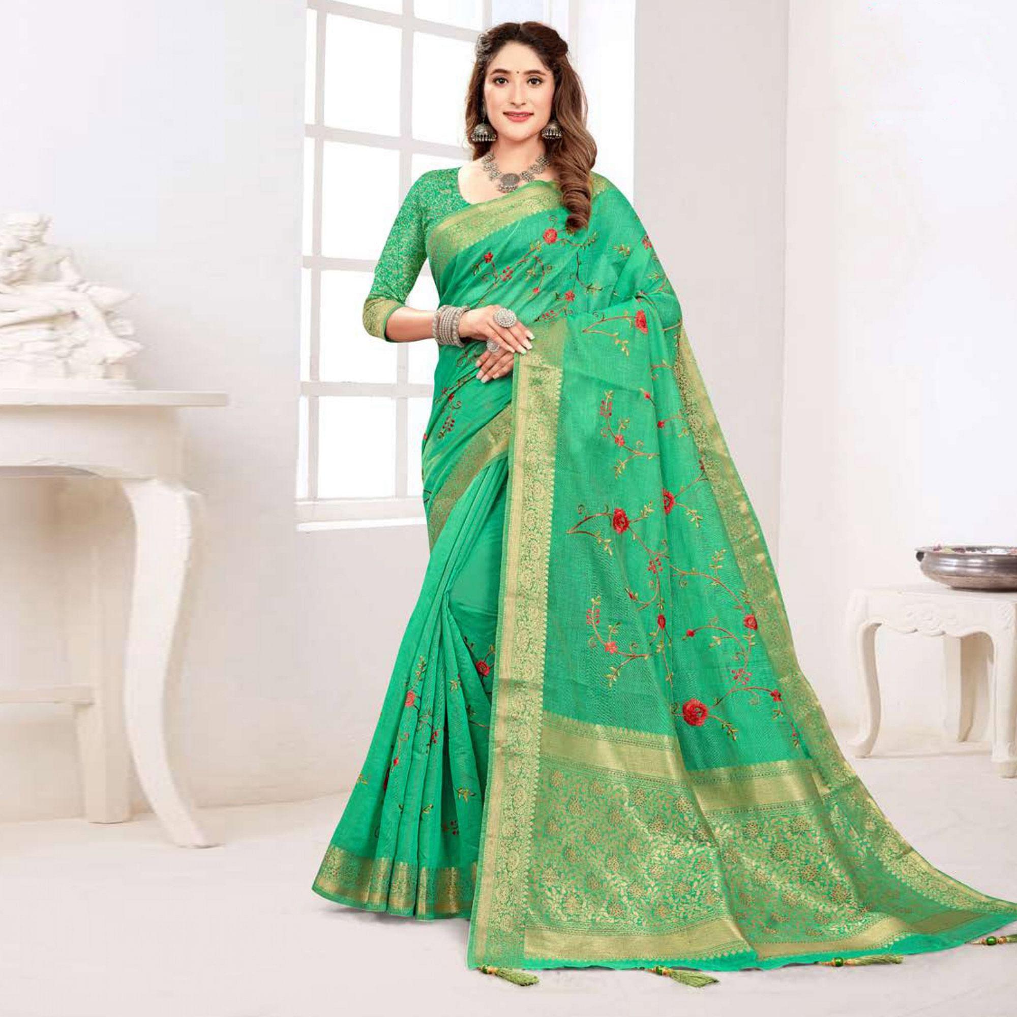 Green Floral Embroidered Cotton Silk Saree With Tassels - Peachmode