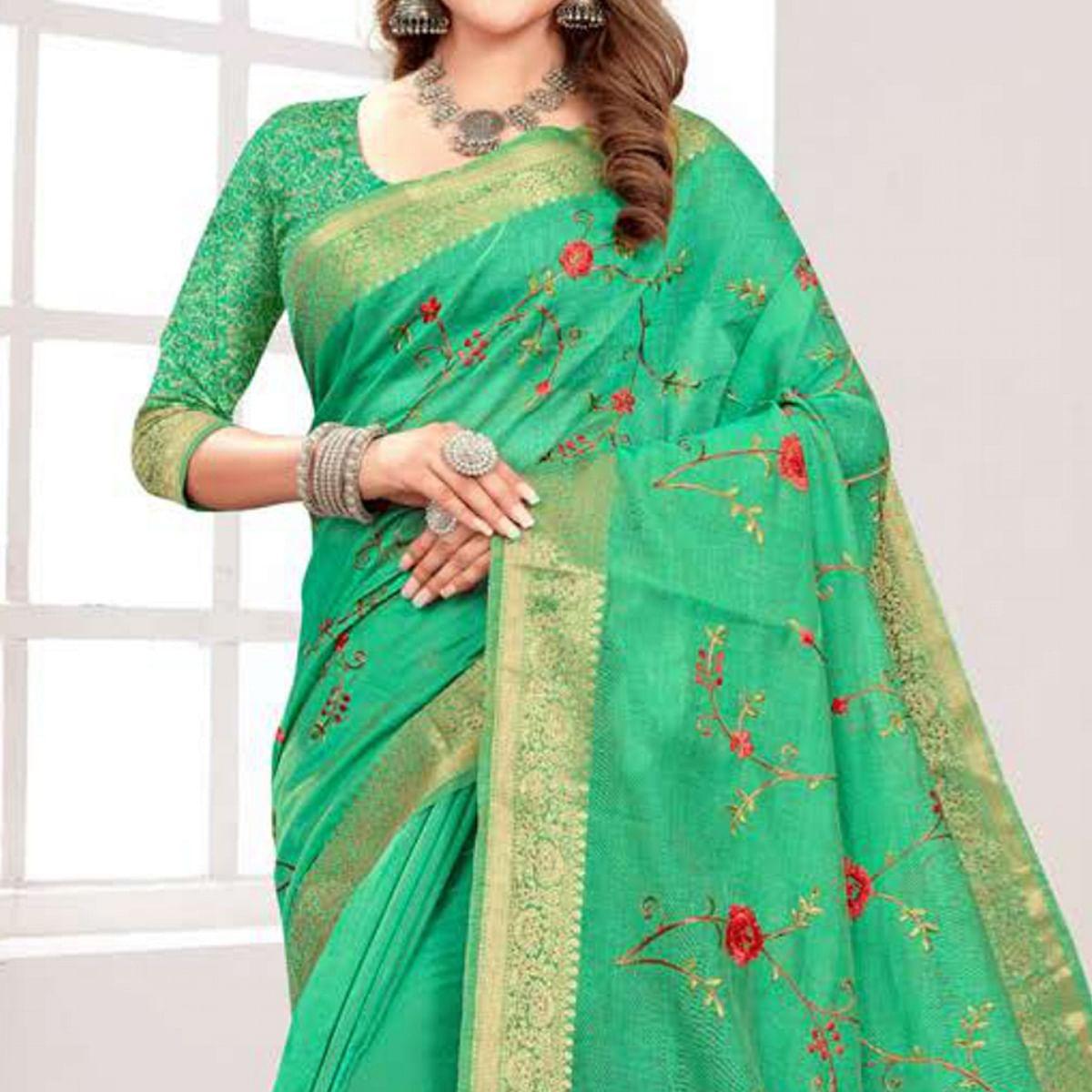 Green Floral Embroidered Cotton Silk Saree With Tassels - Peachmode