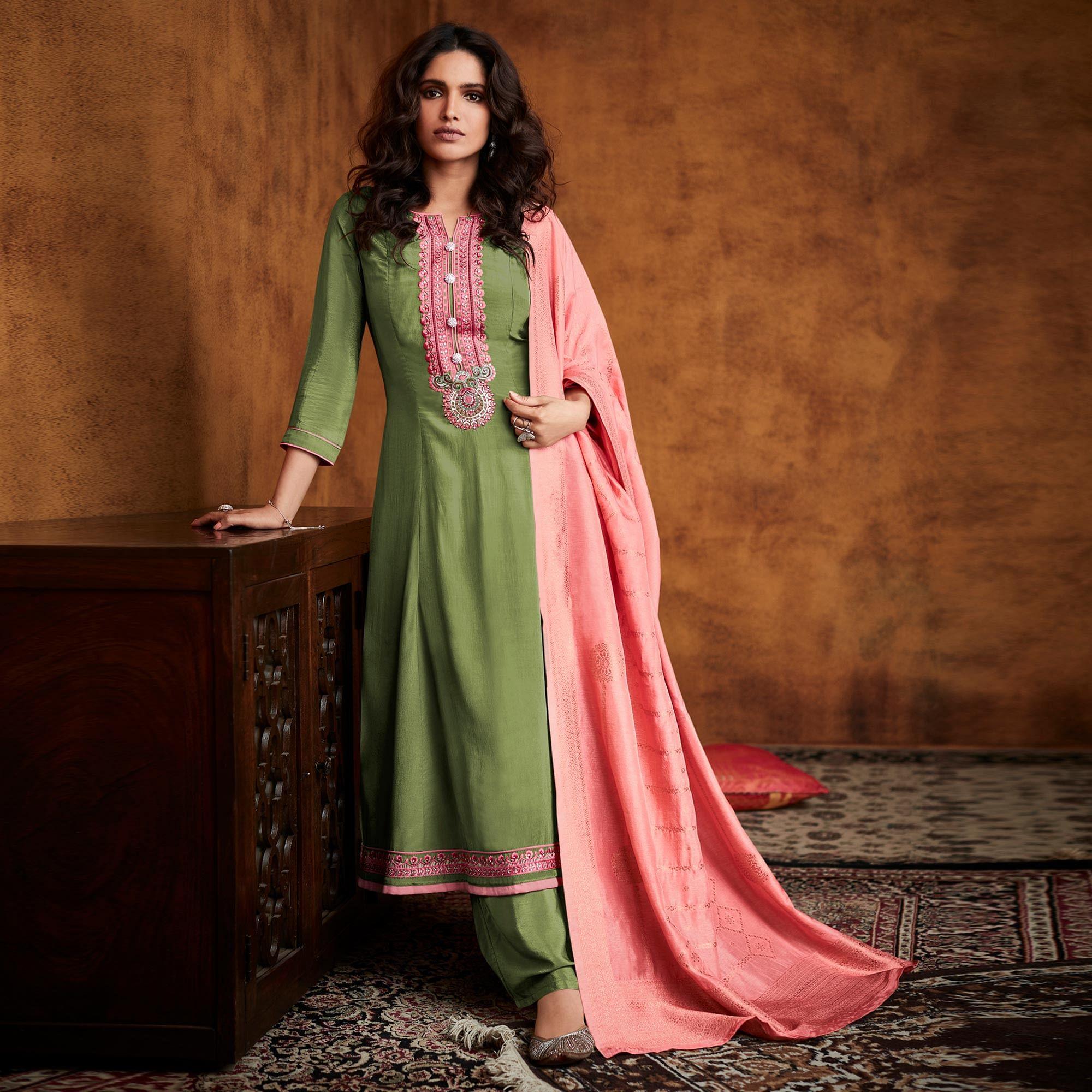 Green Floral Embroidered Fiona Silk Partywear Suit - Peachmode