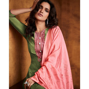 Green Floral Embroidered Fiona Silk Partywear Suit - Peachmode