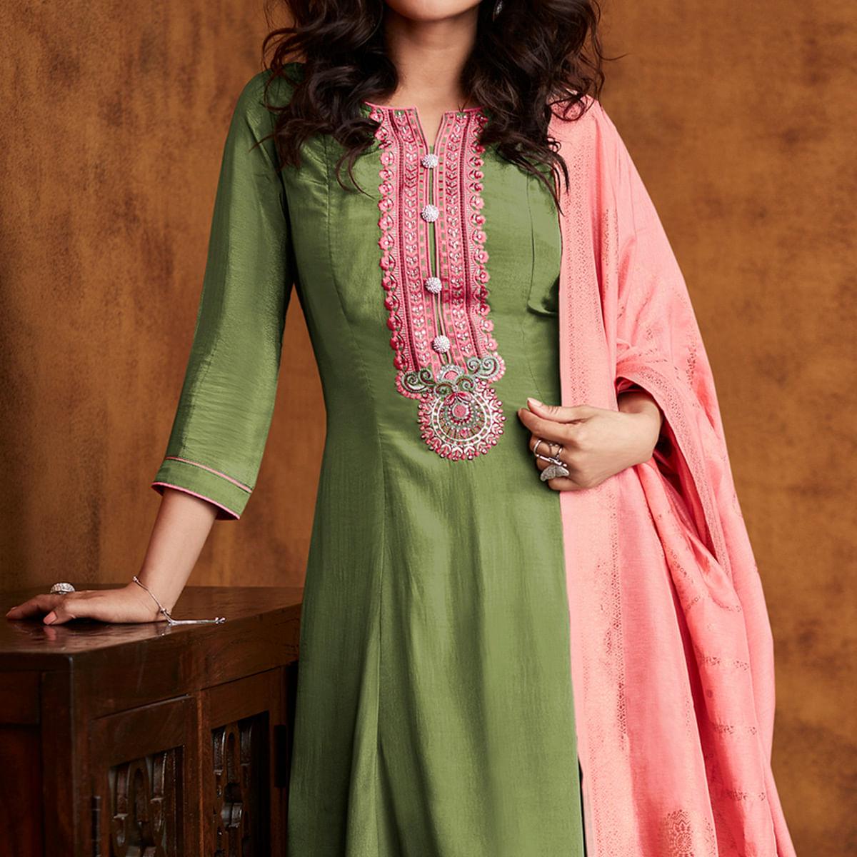 Green Floral Embroidered Fiona Silk Partywear Suit - Peachmode