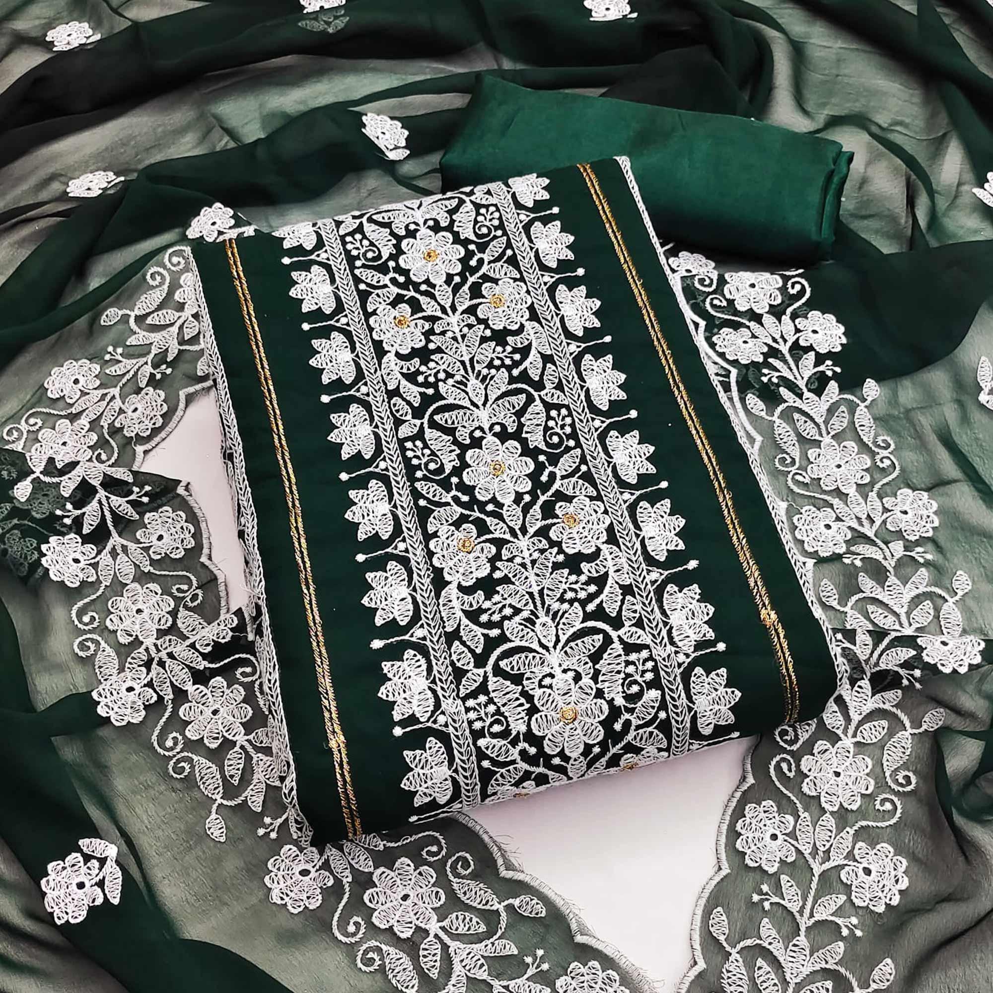 Green Floral Embroidered Georgette Dress Material - Peachmode