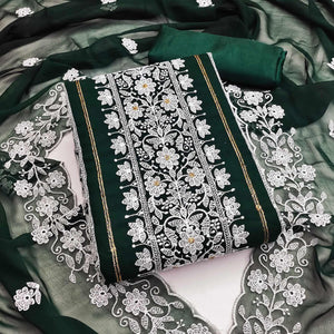 Green Floral Embroidered Georgette Dress Material - Peachmode