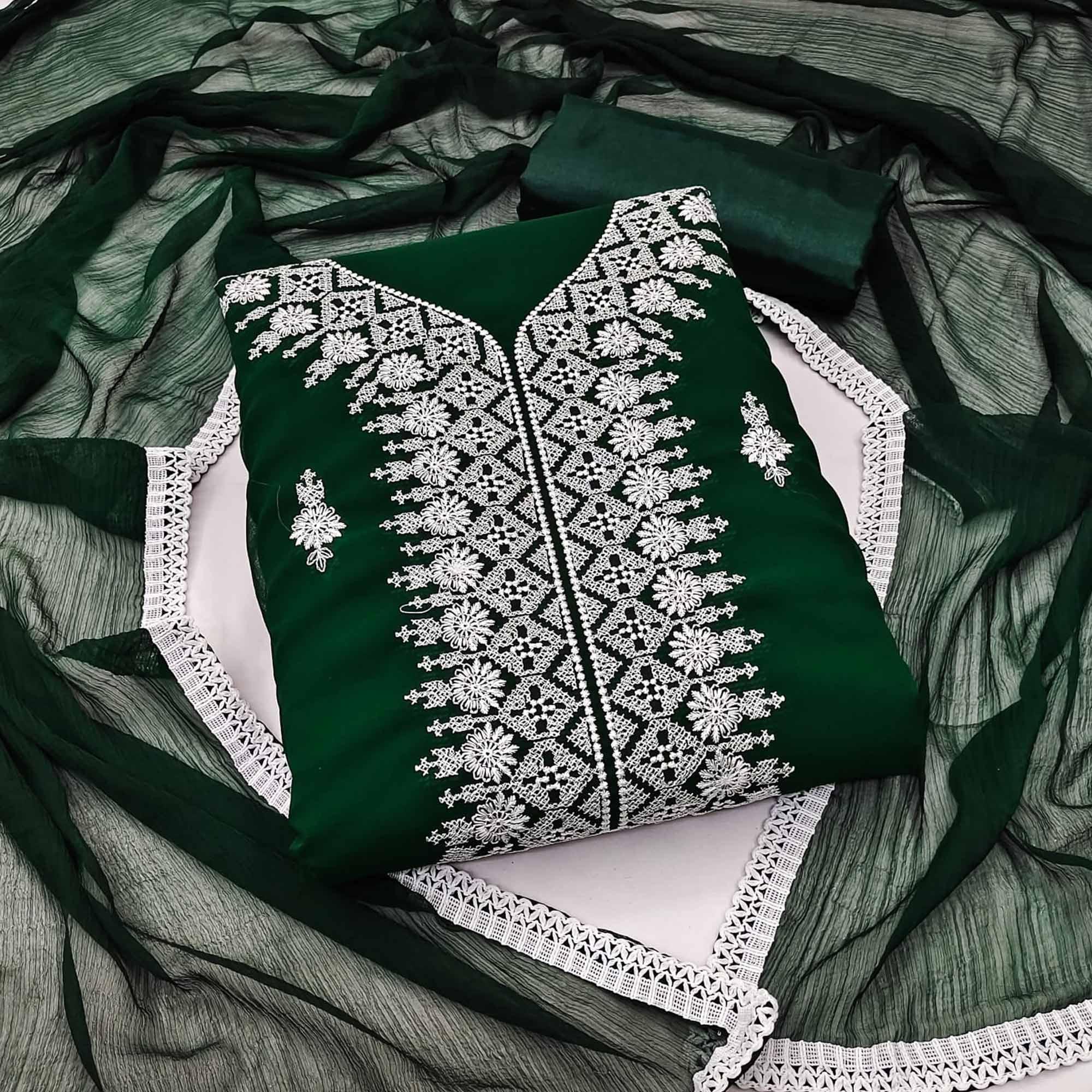Green Floral Embroidered Georgette Dress Material - Peachmode