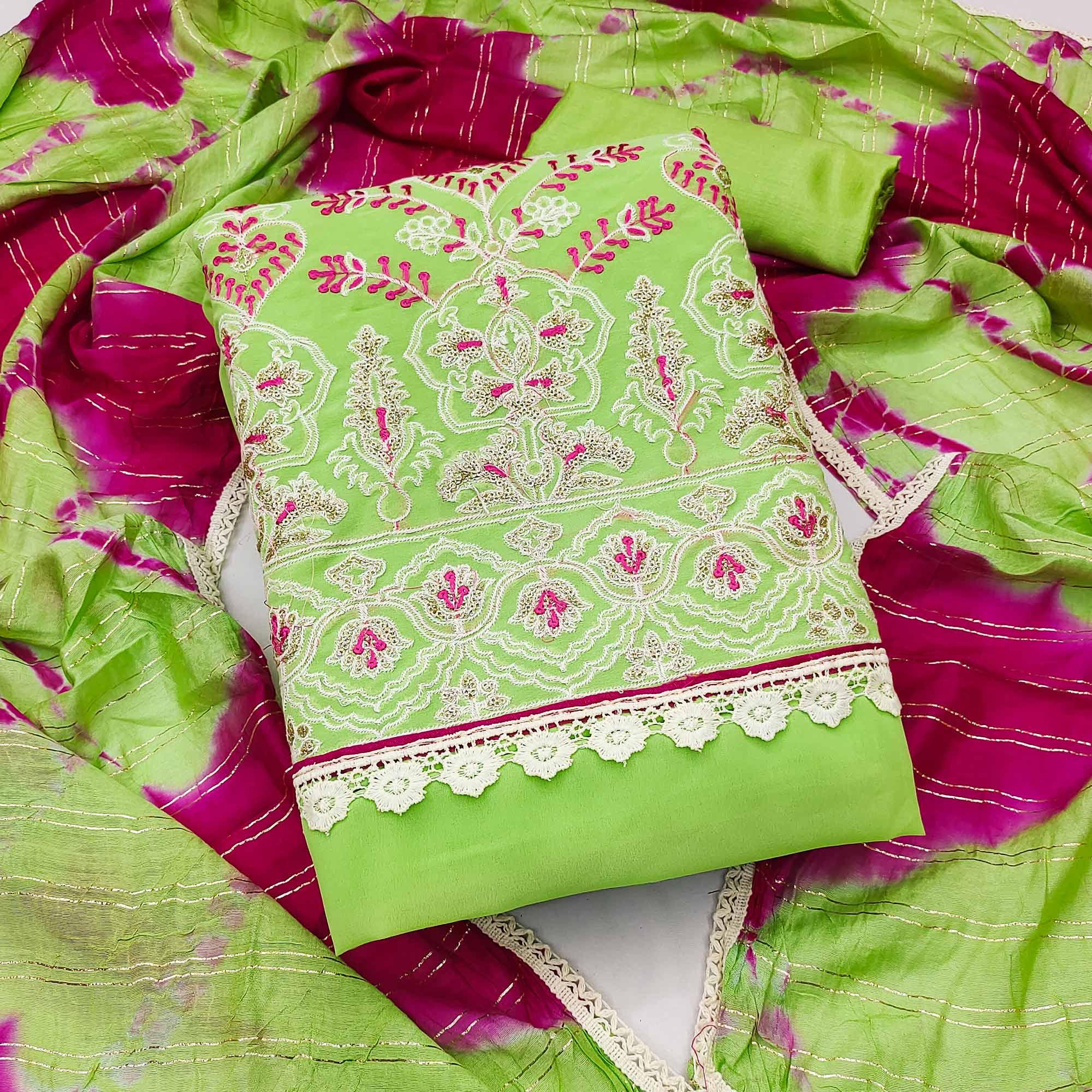Green Floral Embroidered Georgette Dress Material - Peachmode