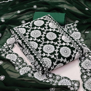 Green Floral Embroidered Georgette Dress Material - Peachmode