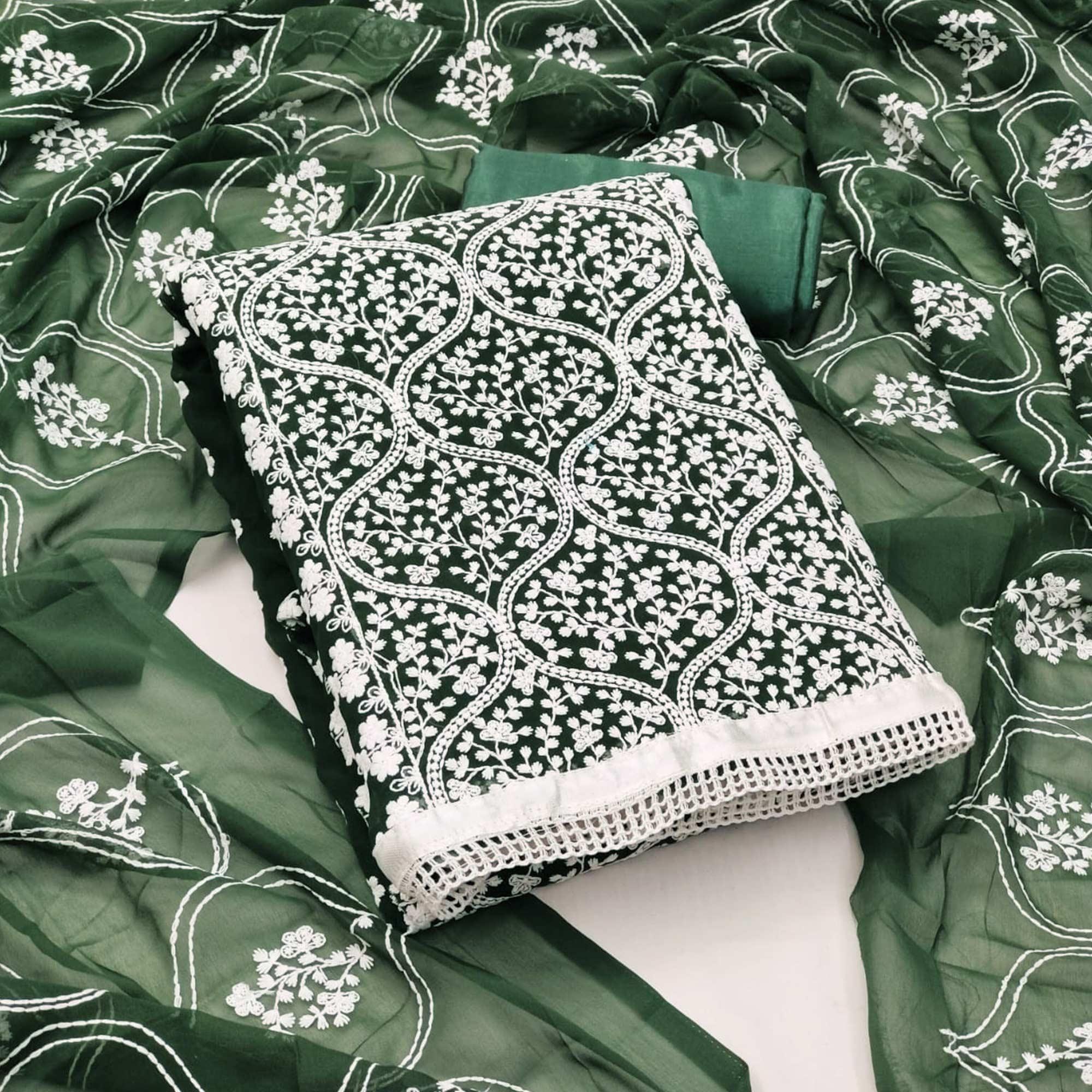 Green Floral Embroidered Georgette Dress Material - Peachmode