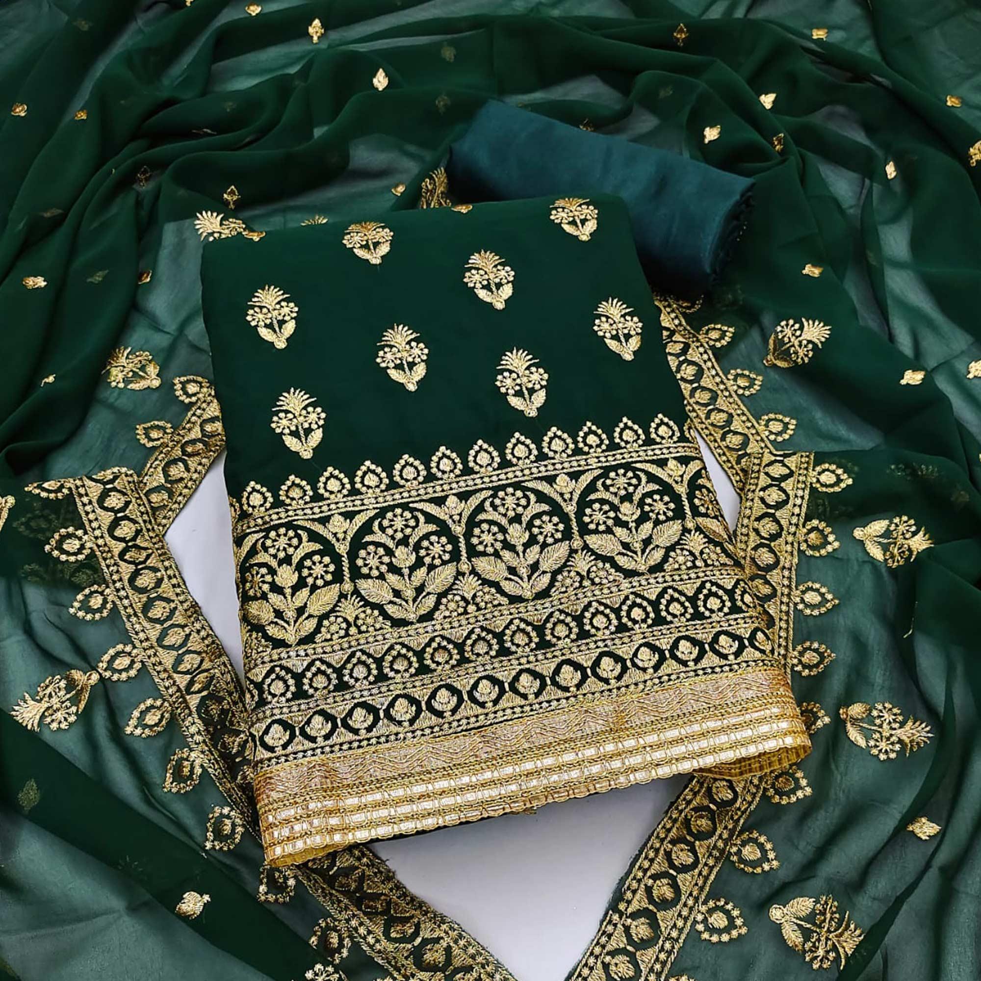 Green Floral Embroidered Georgette Dress Material - Peachmode
