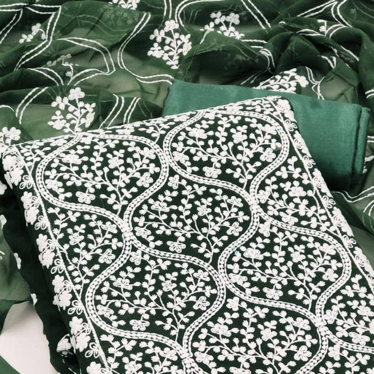 Green Floral Embroidered Georgette Dress Material - Peachmode