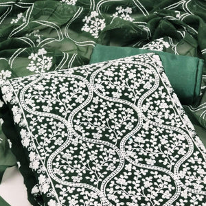 Green Floral Embroidered Georgette Dress Material - Peachmode