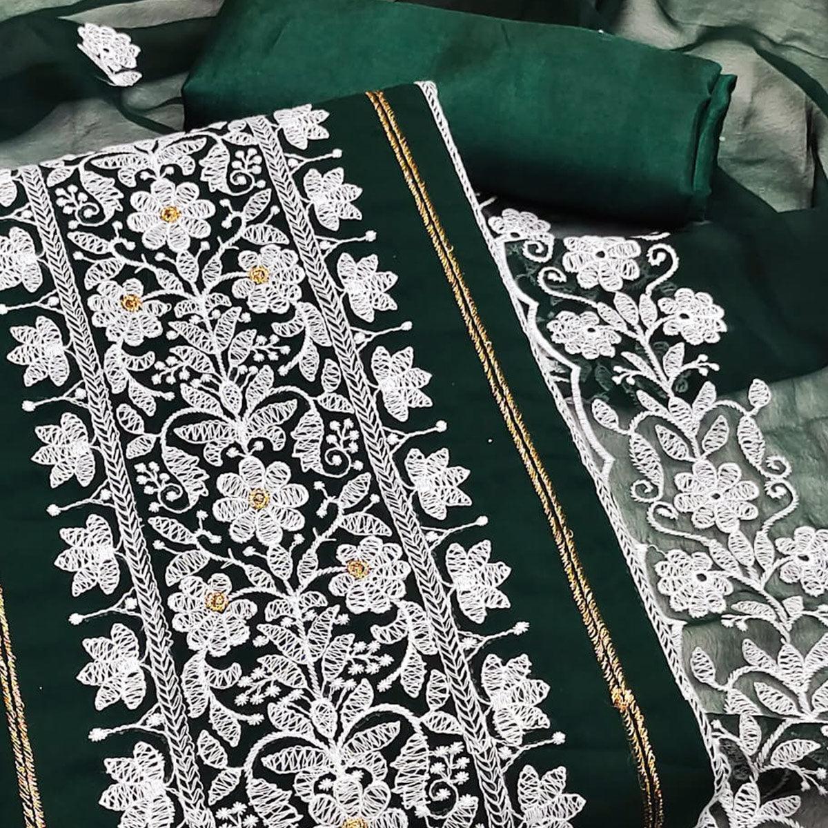 Green Floral Embroidered Georgette Dress Material - Peachmode