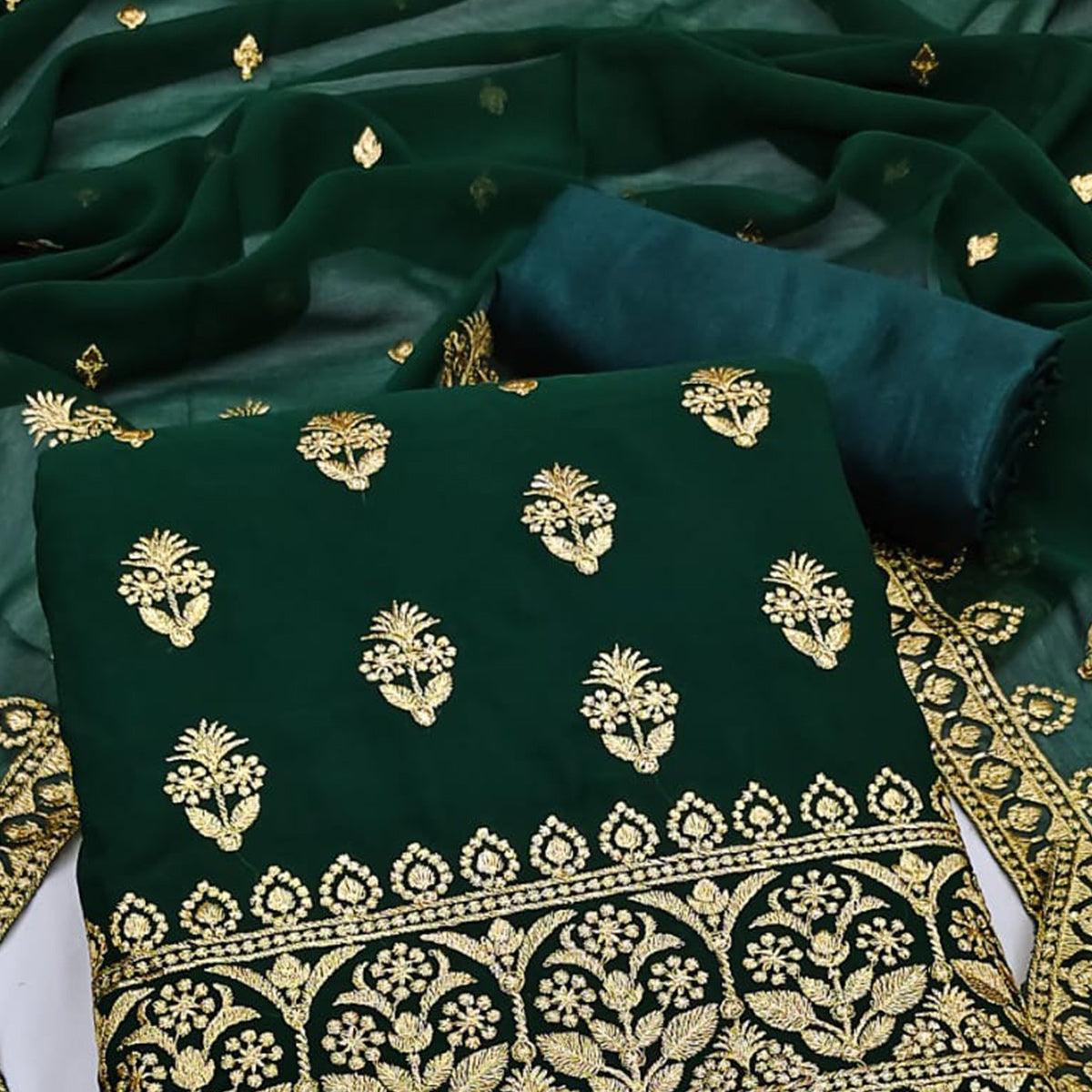 Green Floral Embroidered Georgette Dress Material - Peachmode