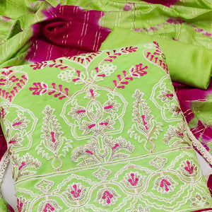 Green Floral Embroidered Georgette Dress Material - Peachmode