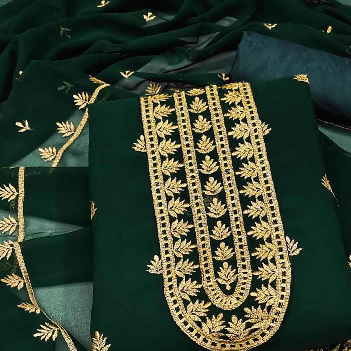Green Floral Embroidered Georgette Dress Material - Peachmode