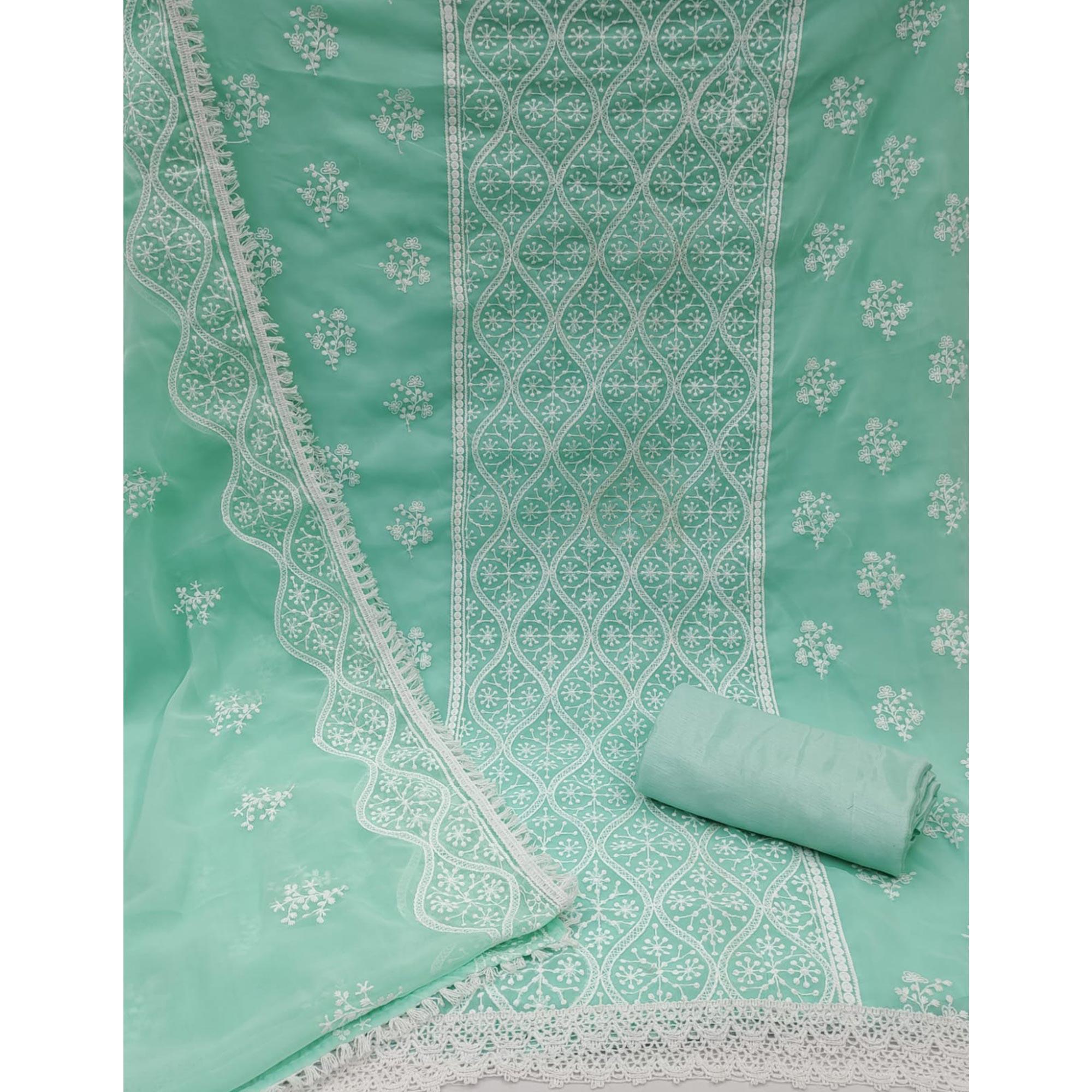 Green Floral Embroidered Georgette Dress Material - Peachmode