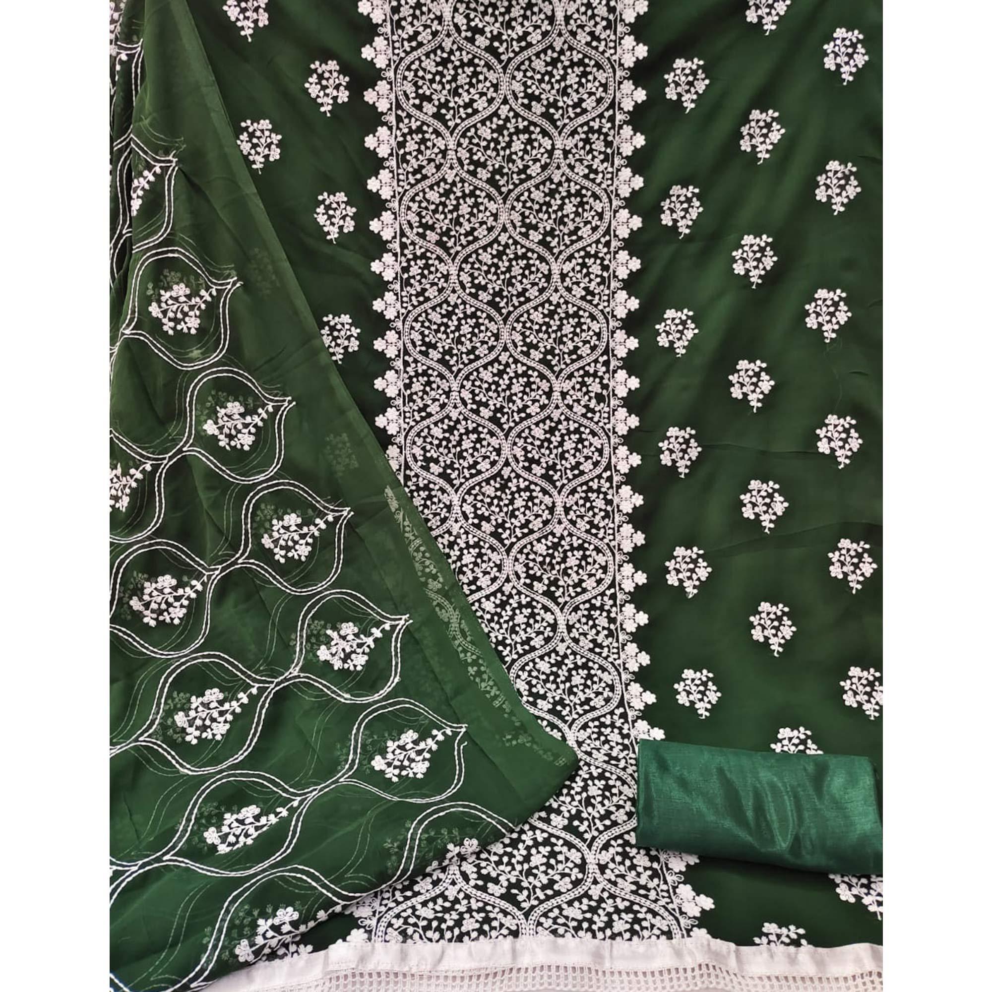 Green Floral Embroidered Georgette Dress Material - Peachmode