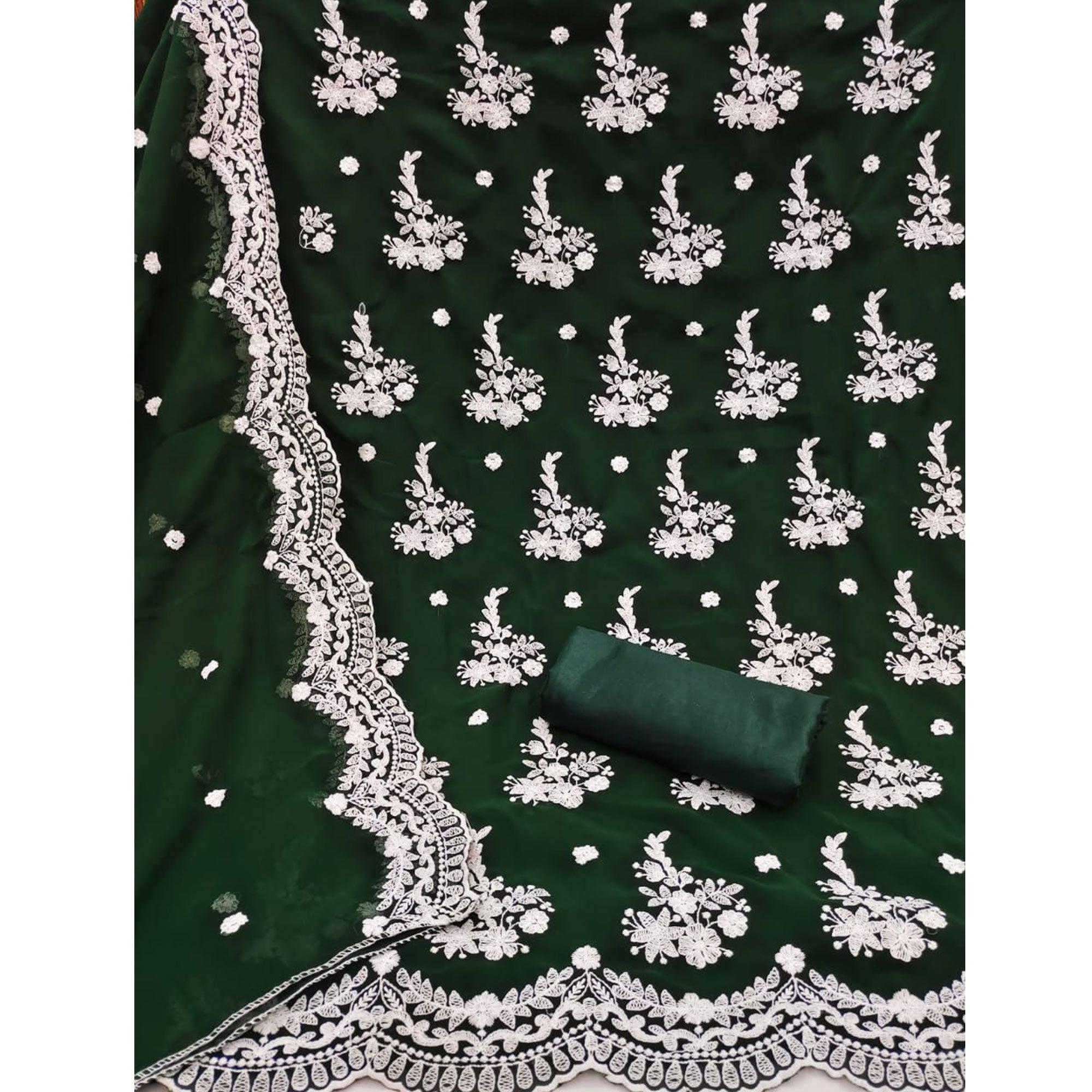 Green Floral Embroidered Georgette Dress Material - Peachmode