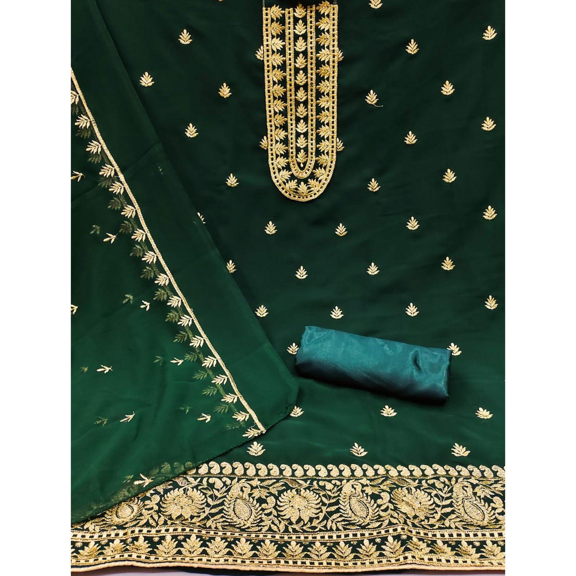 Green Floral Embroidered Georgette Dress Material - Peachmode