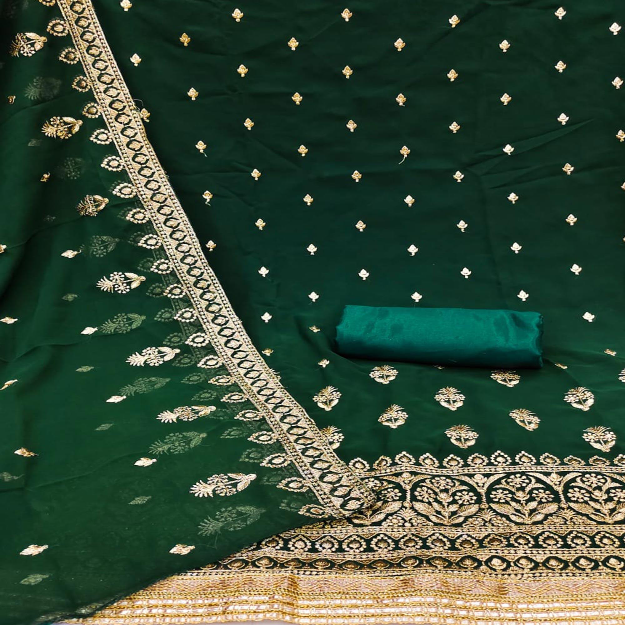 Green Floral Embroidered Georgette Dress Material - Peachmode