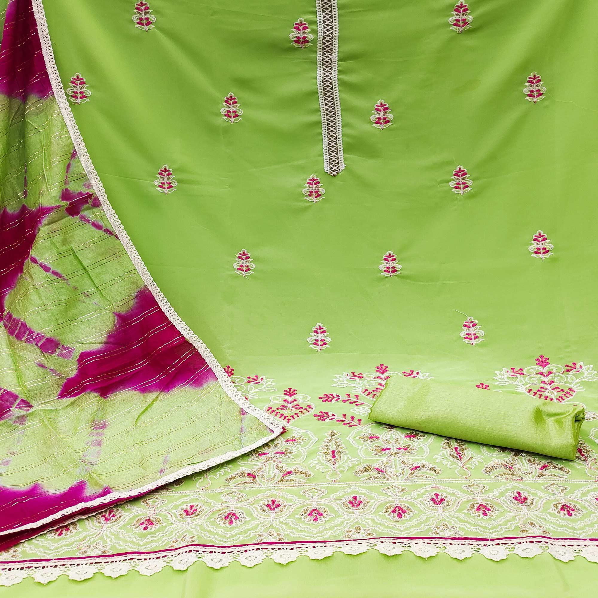 Green Floral Embroidered Georgette Dress Material - Peachmode