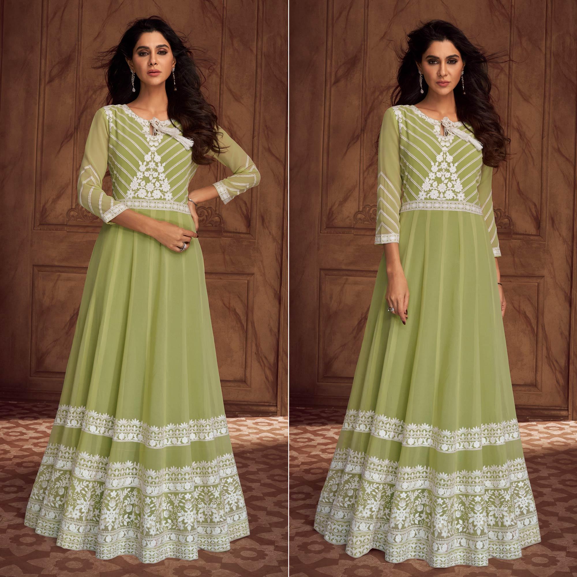 Green Floral Embroidered Georgette Gown - Peachmode