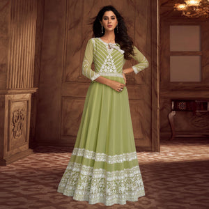 Green Floral Embroidered Georgette Gown - Peachmode