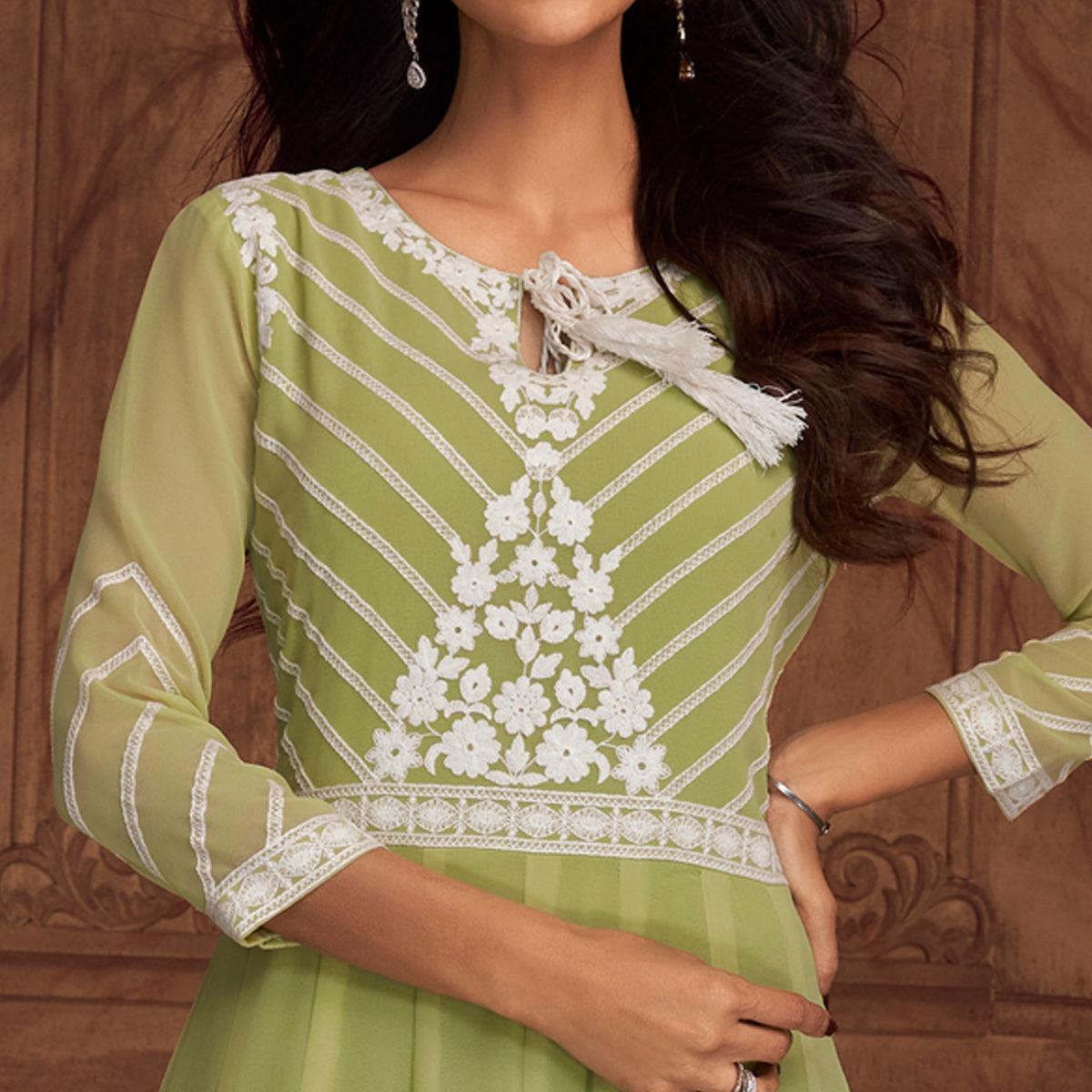 Green Floral Embroidered Georgette Gown - Peachmode