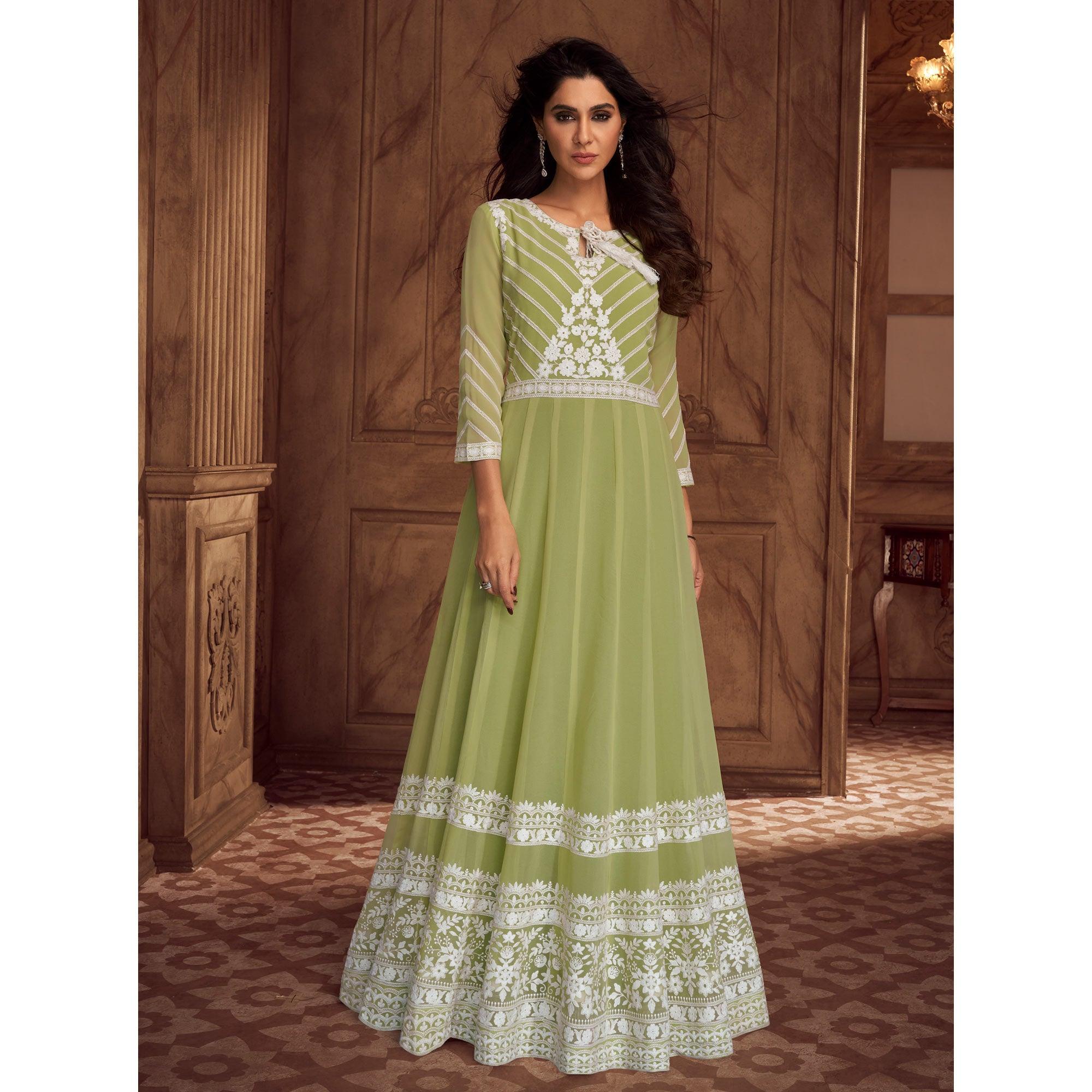 Green Floral Embroidered Georgette Gown - Peachmode