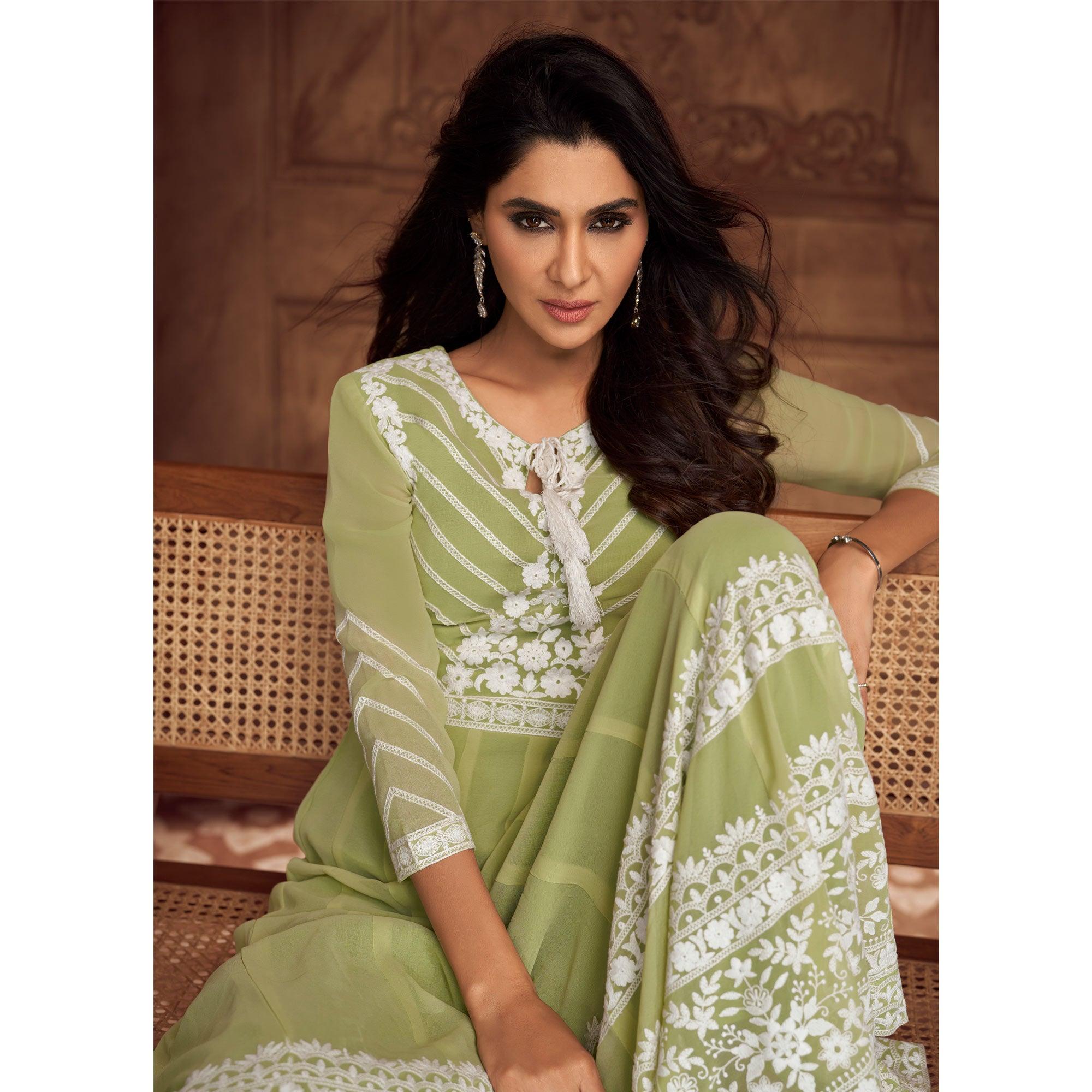 Green Floral Embroidered Georgette Gown - Peachmode
