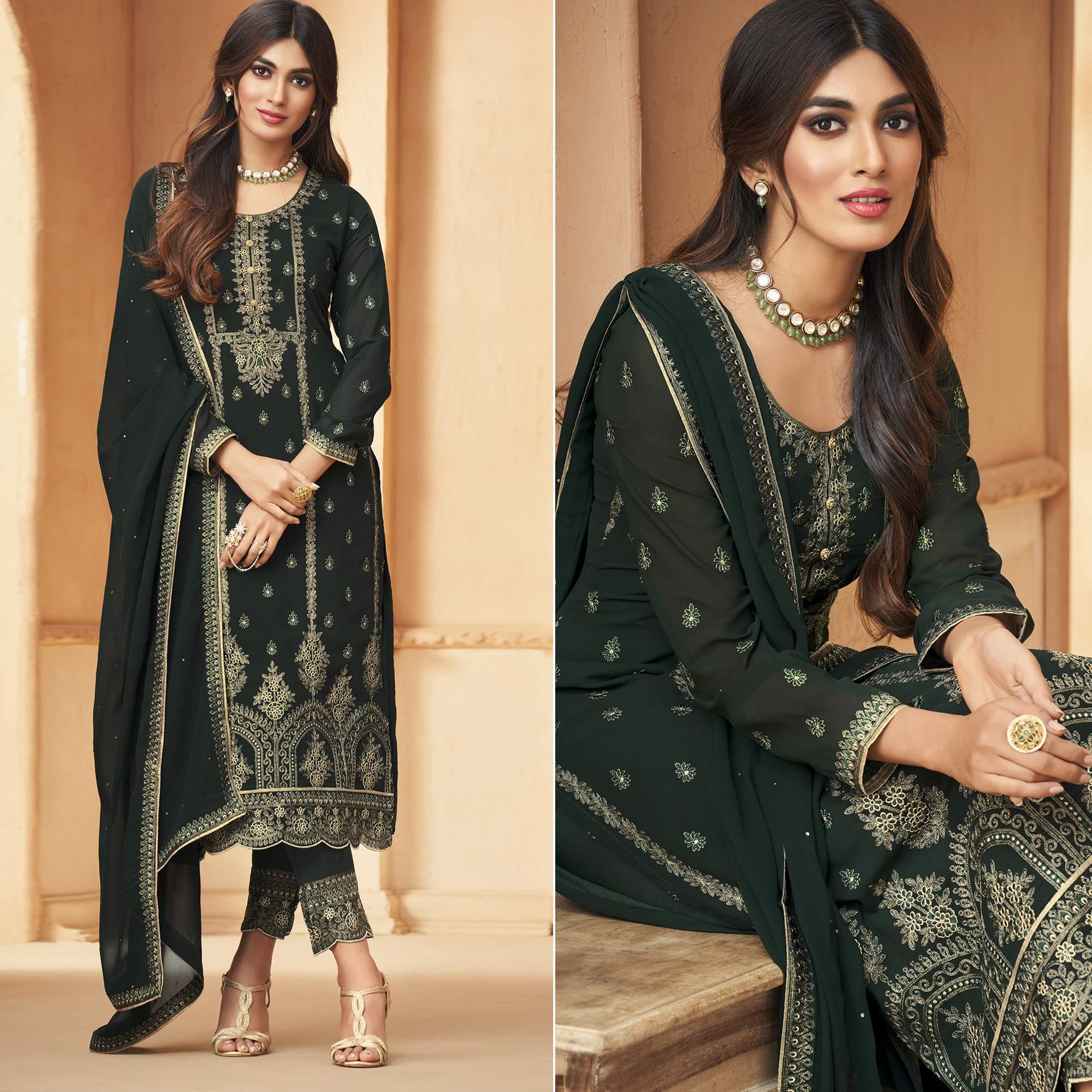 Green Floral Embroidered Georgette Pakistani Suit - Peachmode