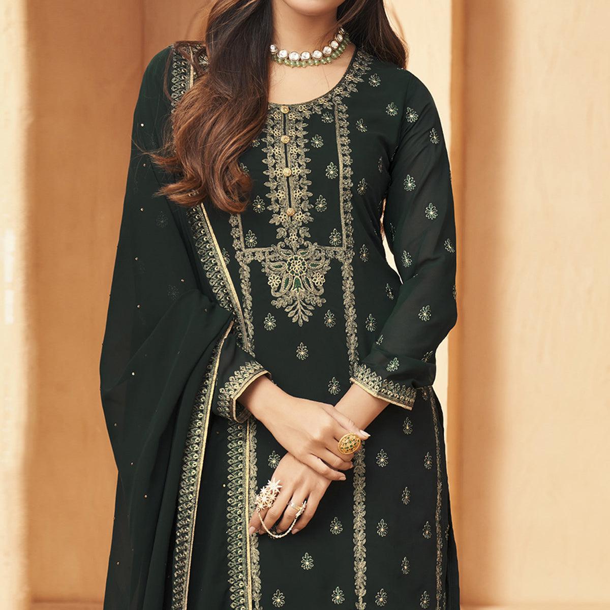 Green Floral Embroidered Georgette Pakistani Suit - Peachmode