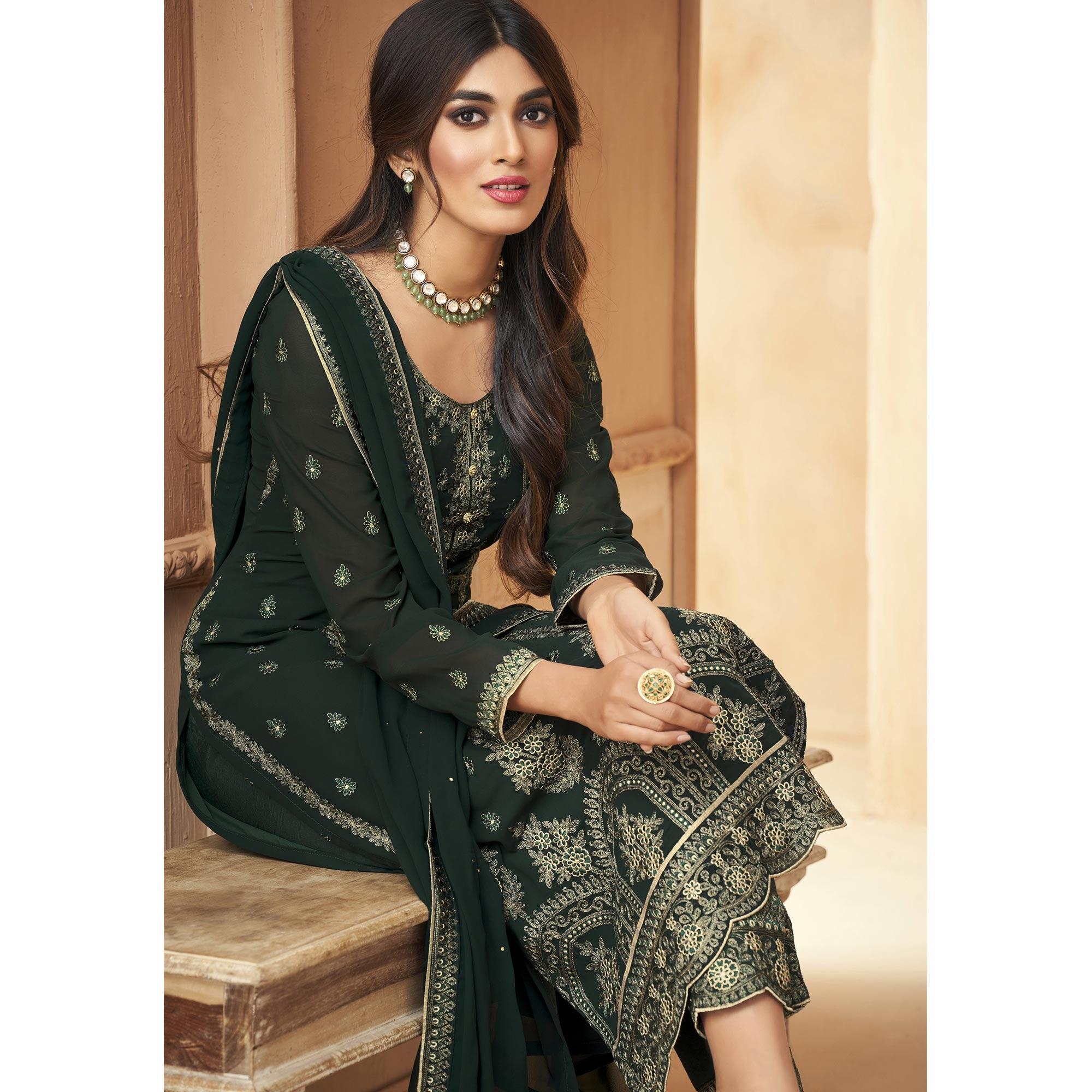 Green Floral Embroidered Georgette Pakistani Suit - Peachmode