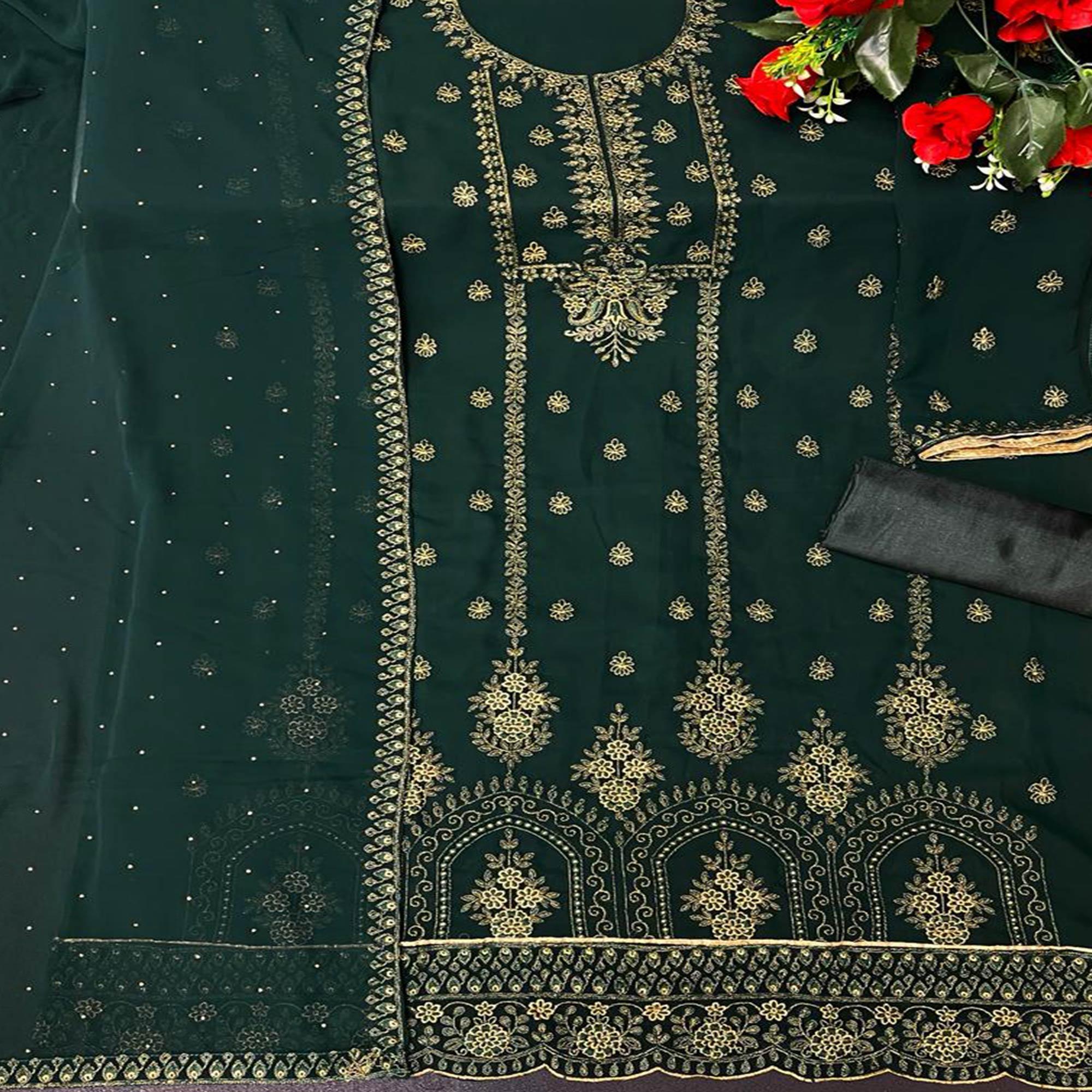 Green Floral Embroidered Georgette Pakistani Suit - Peachmode