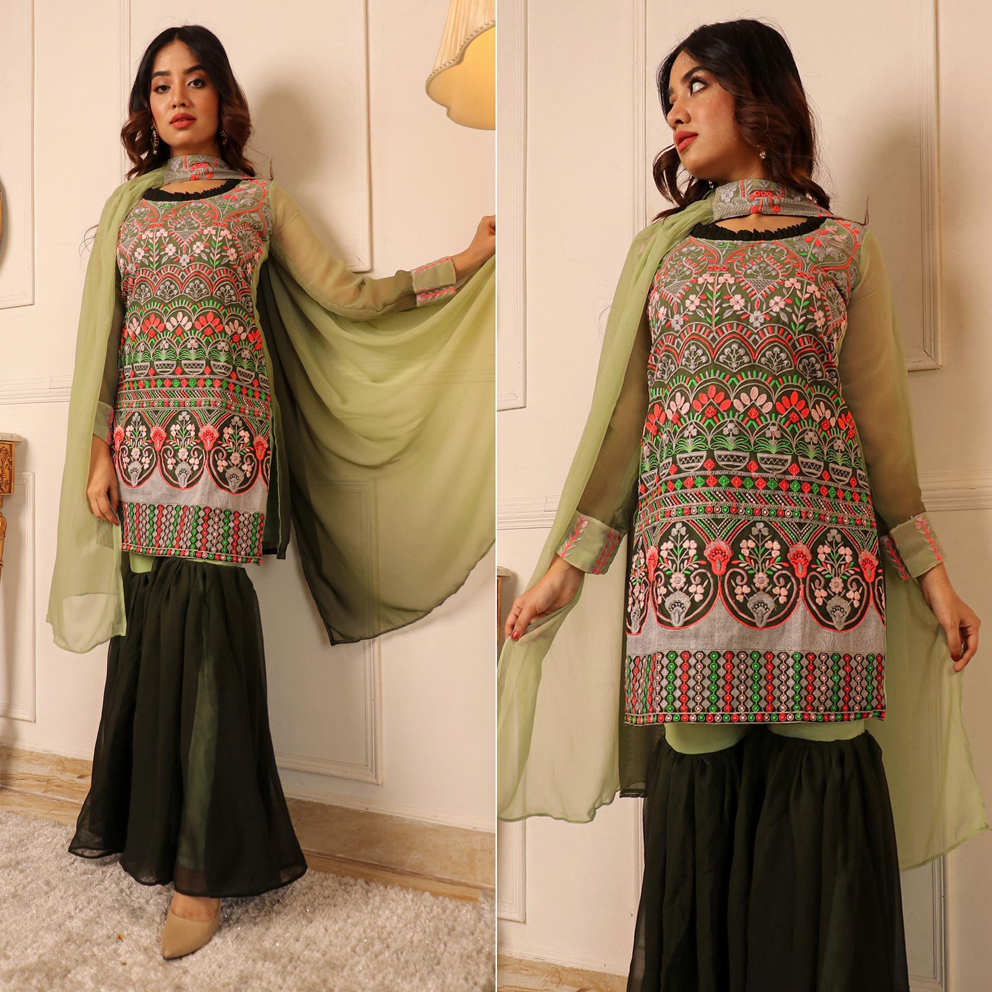 Green Floral Embroidered Georgette Sharara Suit - Peachmode