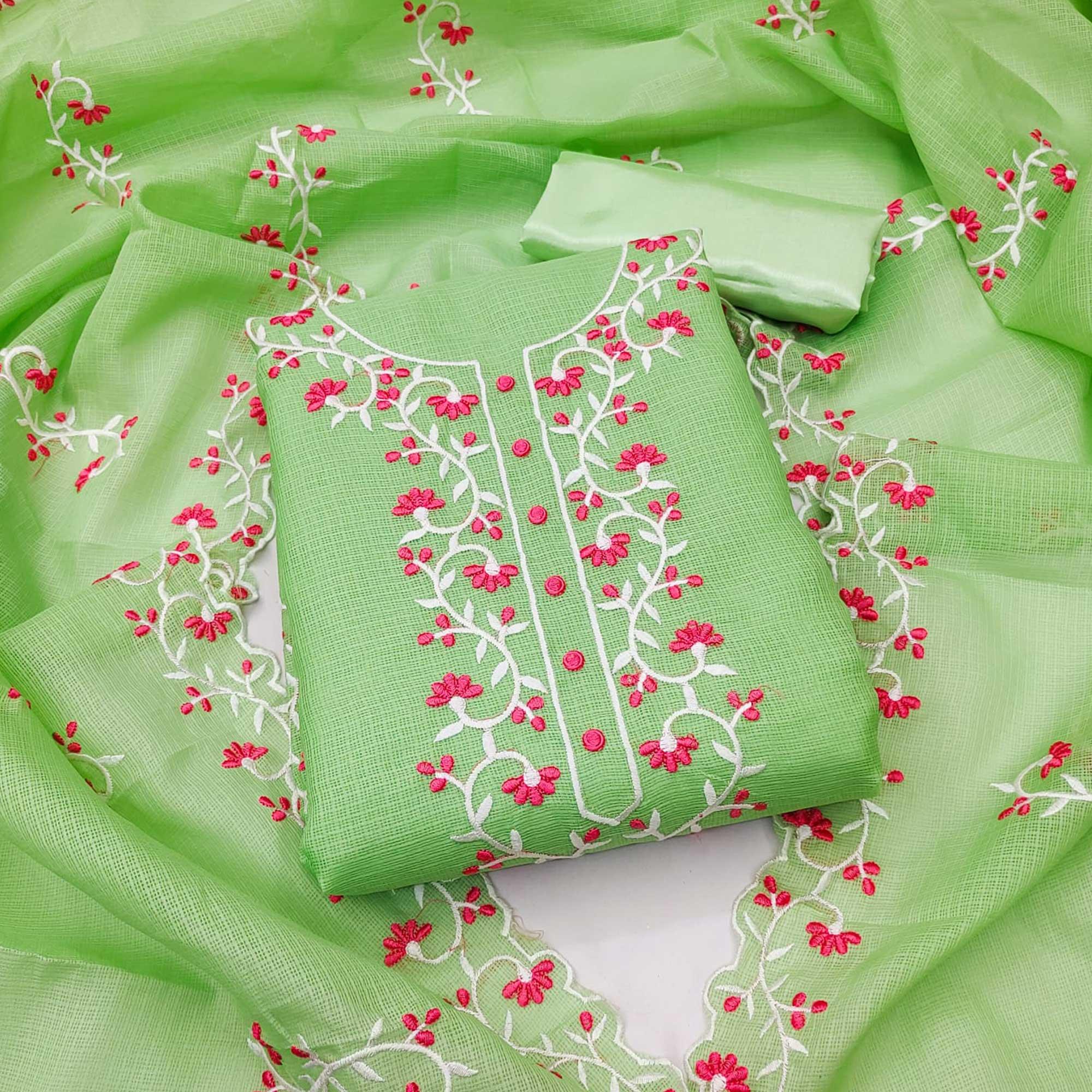 Green Floral Embroidered Kota Doria Dress Material - Peachmode