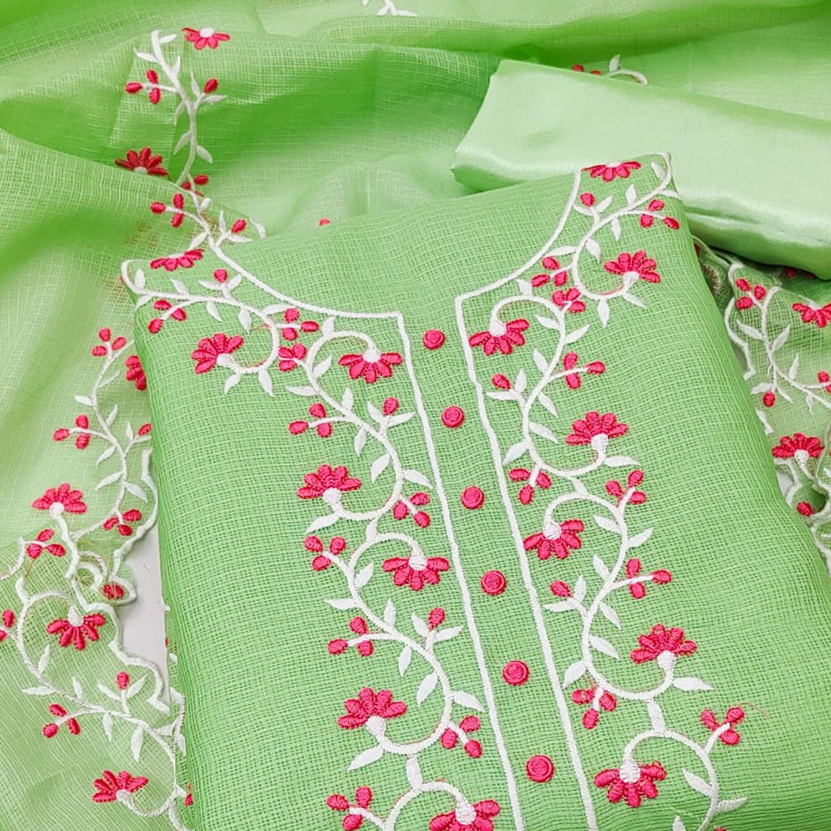 Green Floral Embroidered Kota Doria Dress Material - Peachmode
